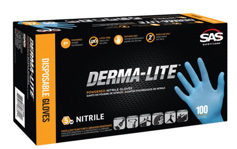 1000 SAS DERMA-LITE 6609 5mil Nitrile Lightly Powdered Gloves, Blue, X-Large 1000 SAS DERMA-LITE 6609 5mil Nitrile Lightly Powdered Gloves, Blue, X-Large