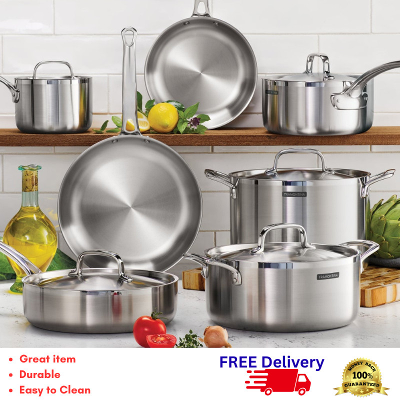 Tramontina 12-Pc Tri-Ply Clad Stainless Steel Cookware Set Pot Pan Lid New