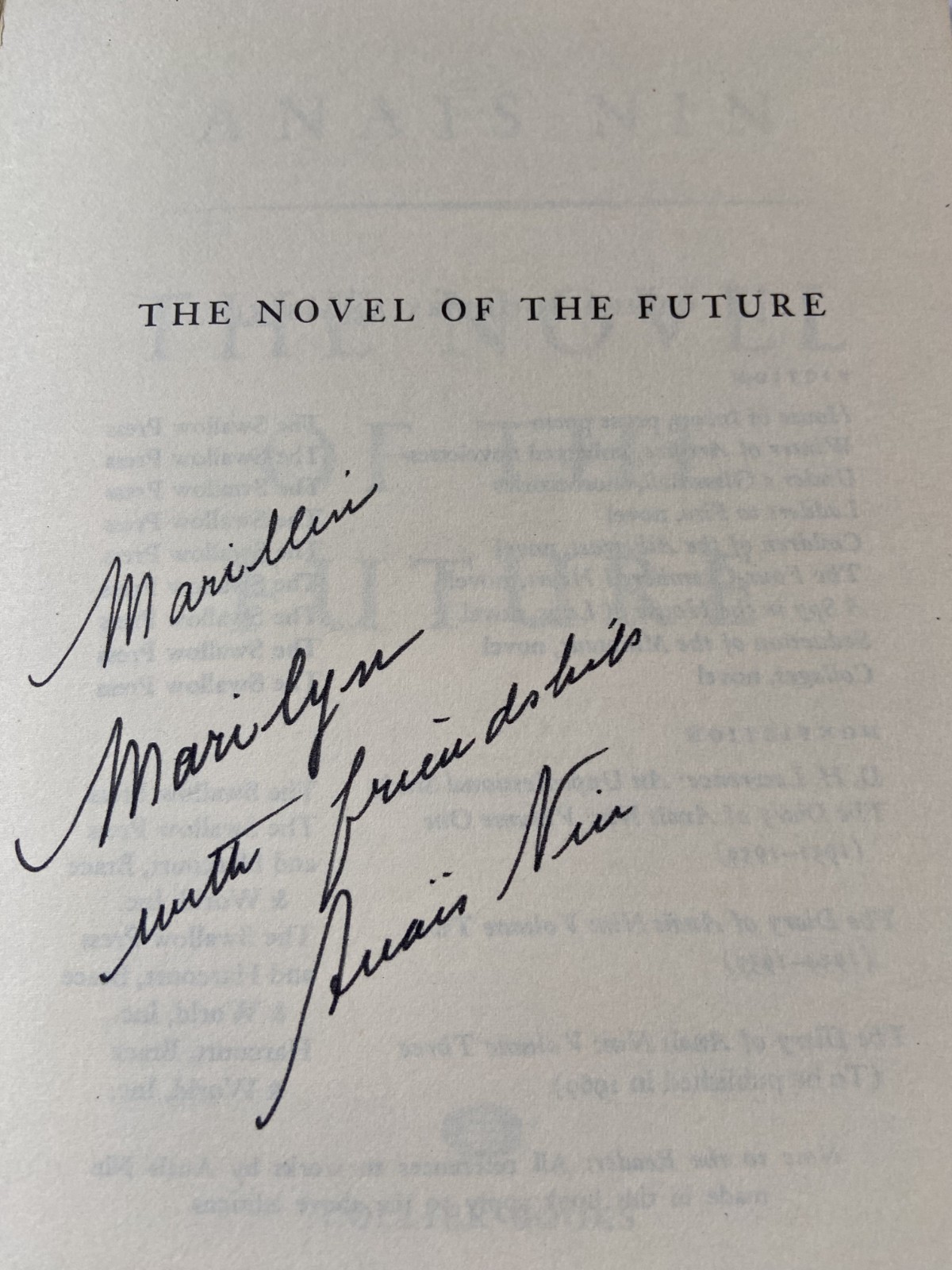 Anaïs Nin THE NOVEL OF THE FUTURE Signed Inscribed Paperback 1970 Collier