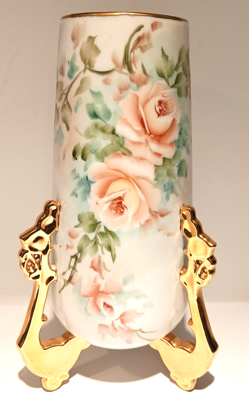 Antique Hand Painted porcelain cylinder Vase Signed Doty Pink Roses Gold Feet