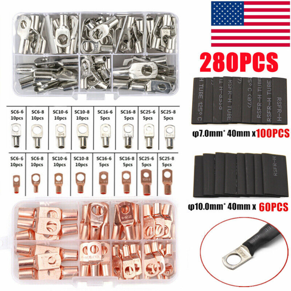 1/280PCS Car Copper Lug Ring Terminals Cable Electrical Wire Crimp Connectors