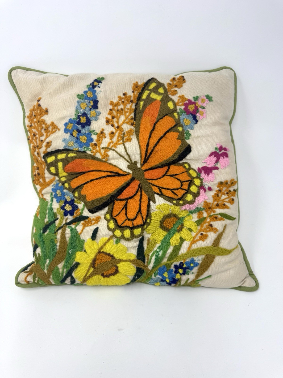 Vintage MCM 70s Style Crewel Embroidery Needlepoint Pillow Butterflies 12\