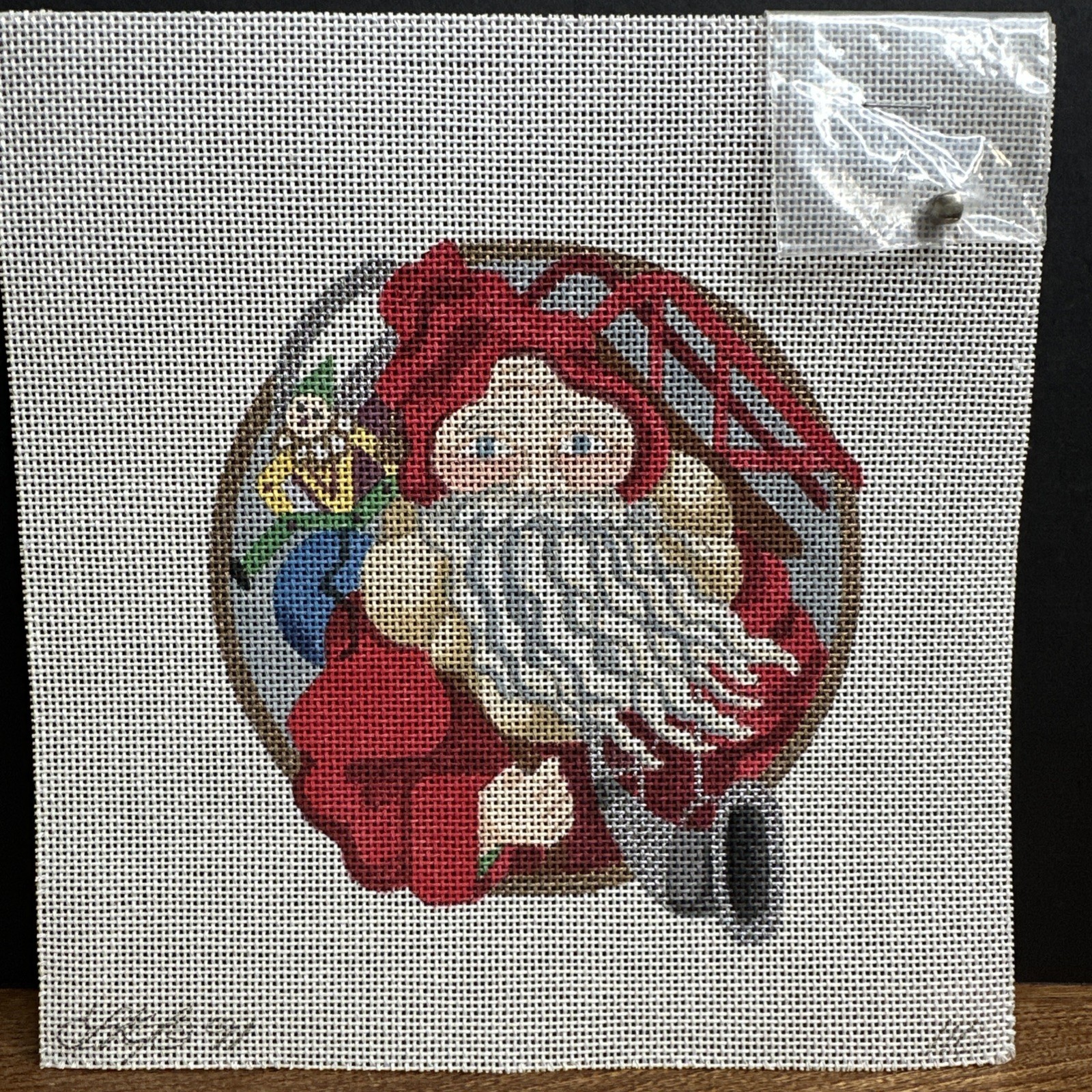 Vtg Hand-Painted Santa With Elf #110 Needlepoint Canvas 18 Mesh Unworked