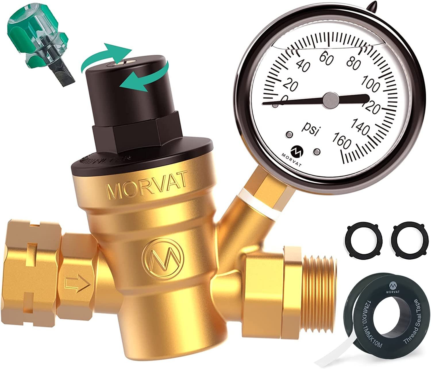 Morvat Adjustable Lead-Free Brass RV Water Pressure Regulator with Oil Gauge Morvat Adjustable Lead-Free Brass RV Water Pressure Regulator with Oil Gauge