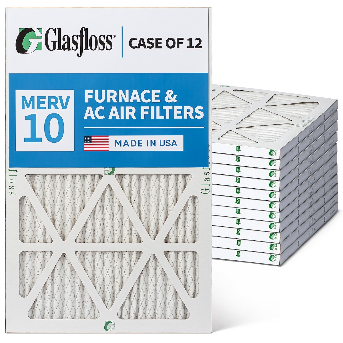 10x20x1 MERV 10 Pleated Air Filters. 12 Pack.  Actual Size: 9-1/2 x 19-1/2 x 7/8