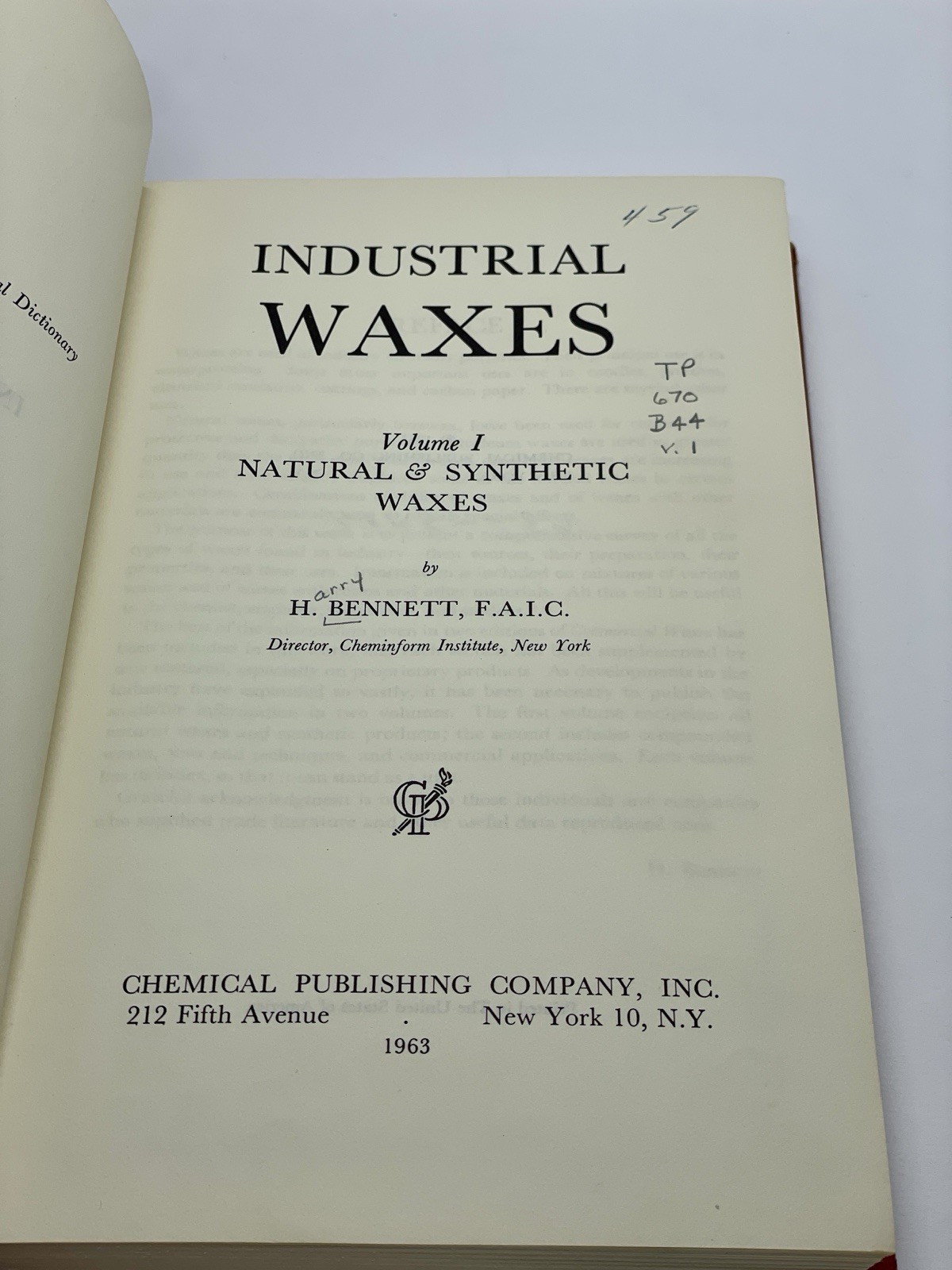 Industrial Waxes, Volume 1: Natural & Synthetic Waxes by H. Bennett, 1963 VTG