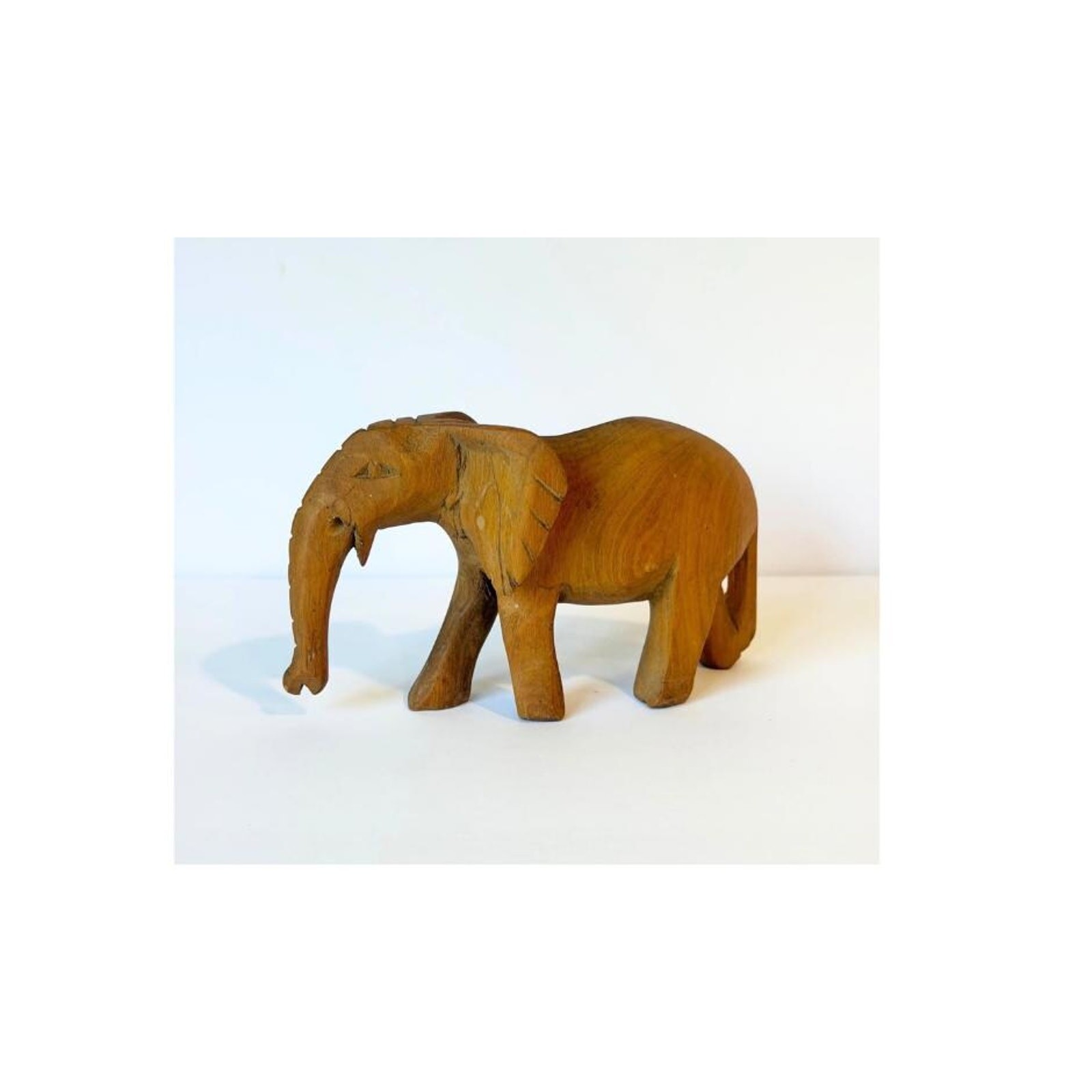 Mid Century Carved Wooden Elephant Figurine | Vintage Wood Elephant Statue
