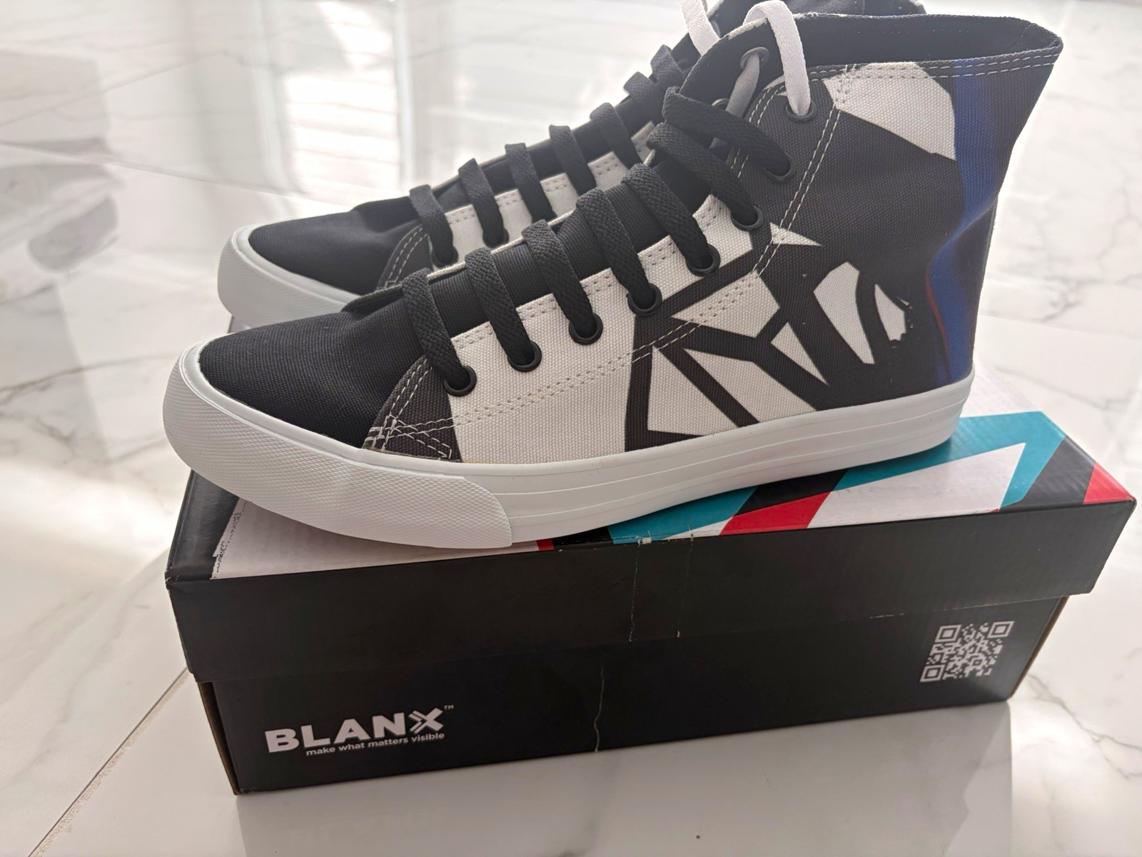 BLANX Eclipse Men’s High Top Lace-Up Sneakers Black White Blue Geometric