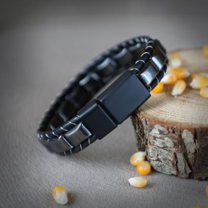 Men\'s Hematite Bracelet Magnetic Clasp Natural Gemstone Jewelry for Husband Dad