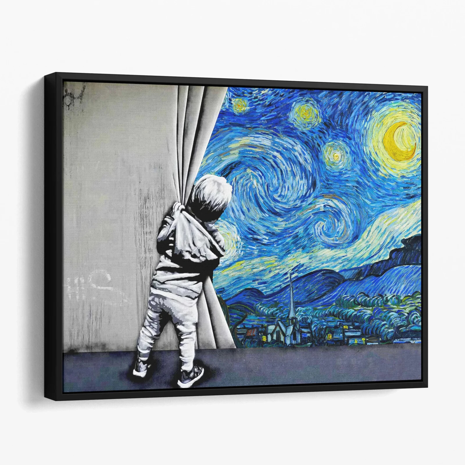 Starry Night Behind the Curtain Banksy Van Gogh Retro Canvas Print Wall Art