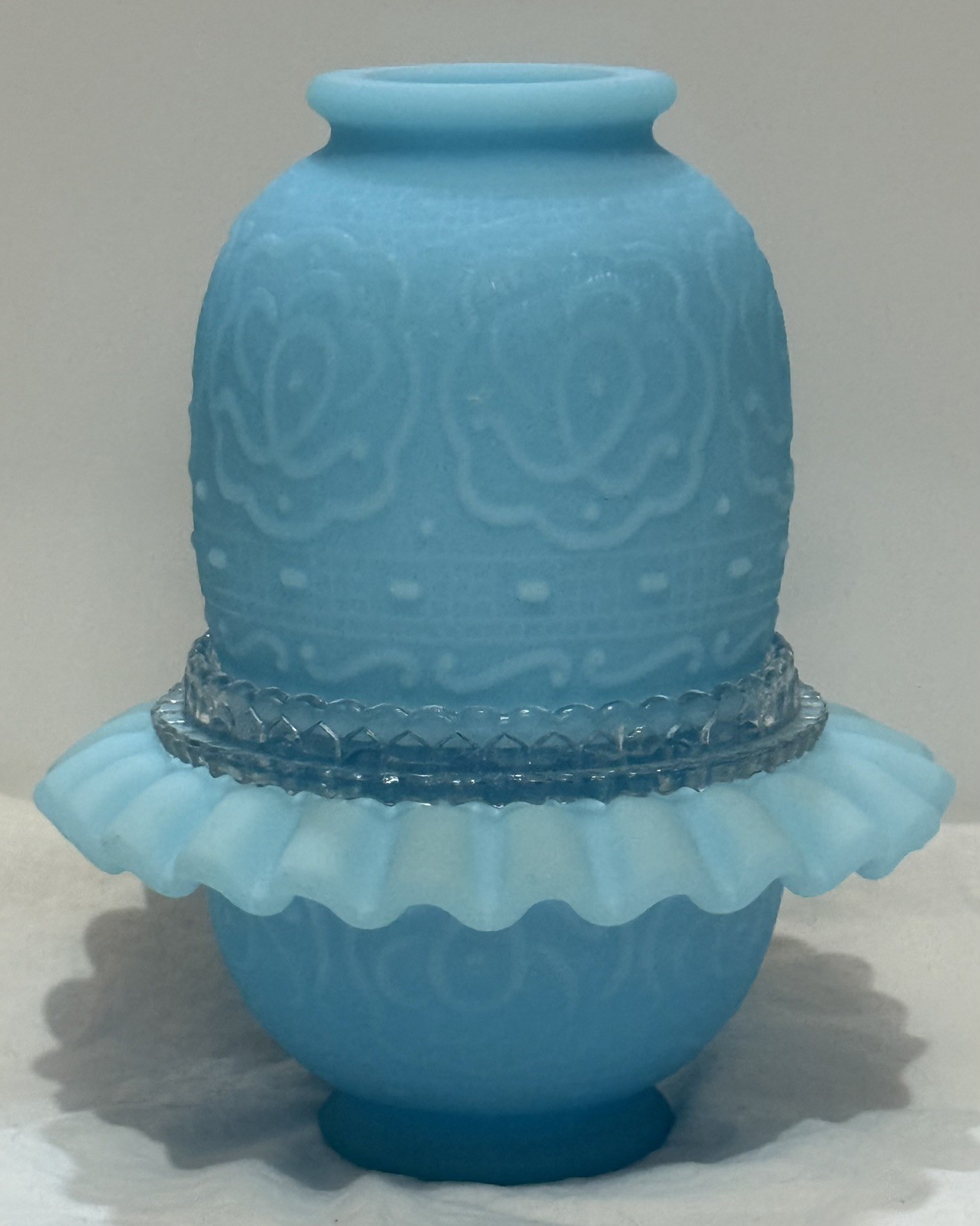 Vintage Fenton Blue Satin Persian Medallion Roses 3 Piece Glass Fairy Lamp