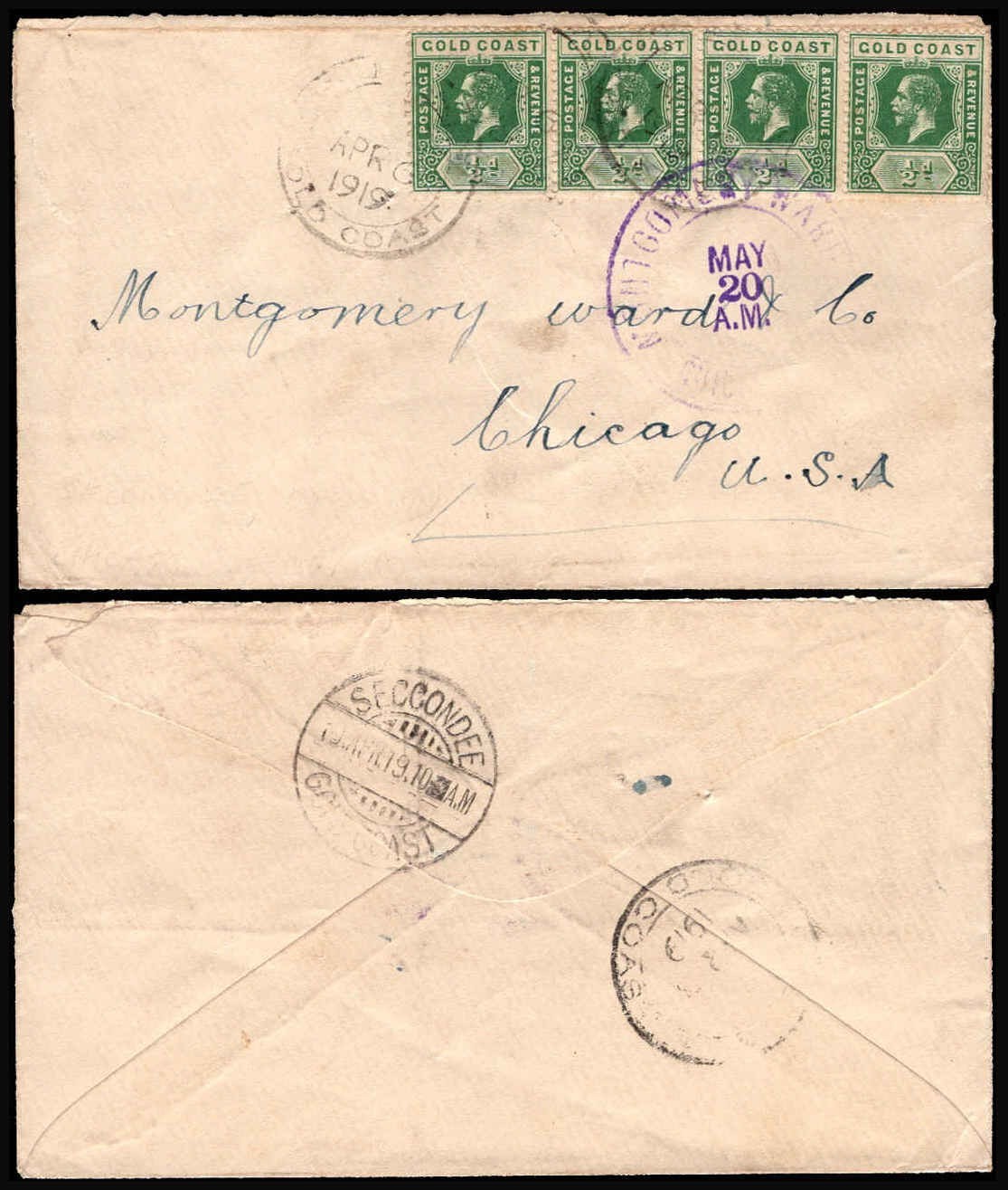 Gold Coast Accra to Chicago USA 1919 Commercial Cover