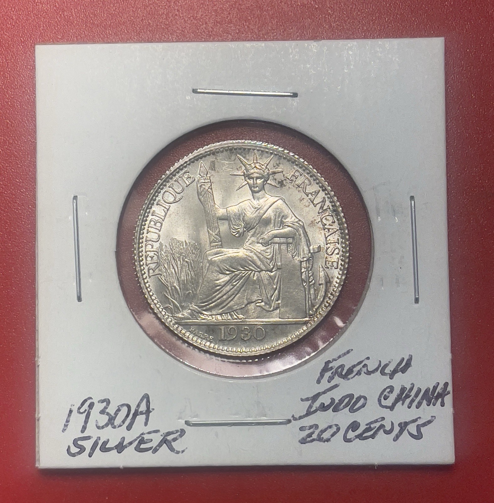 1930 A French Indo China Silver 20 Centimes, Choice to Gem Uncirculated.