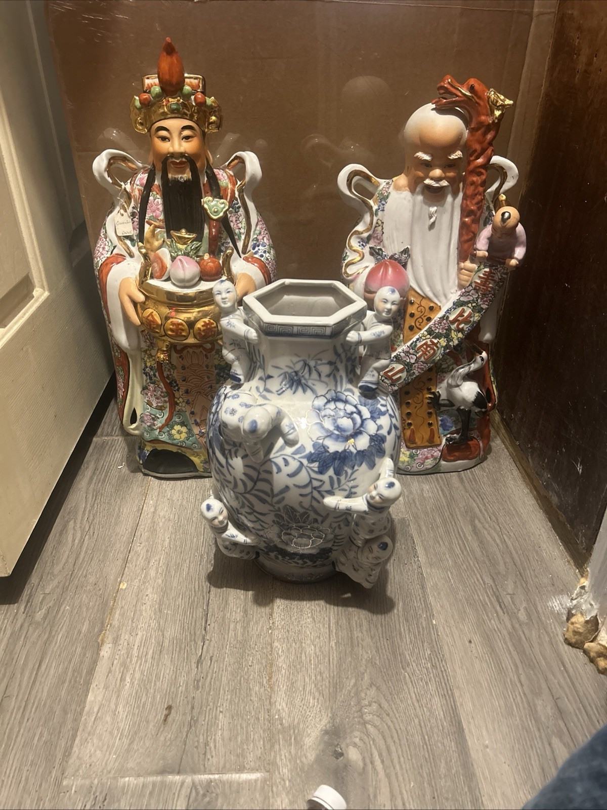 Vintage Chinese Porcelain Gods (2) With (1) Blue Vintage Fertility Vase