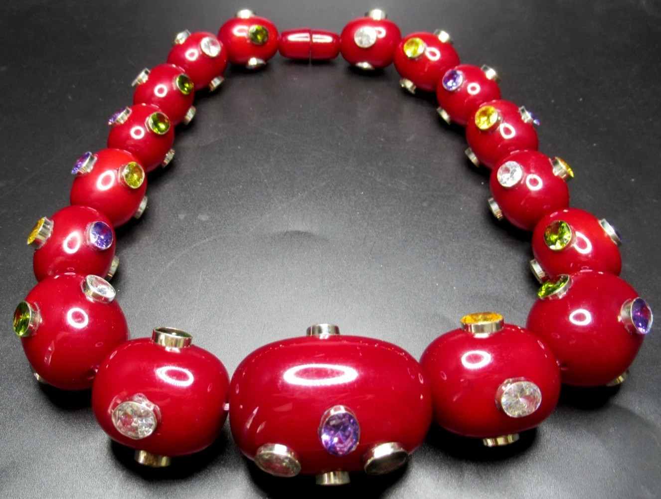 Amazing HUGE Burgundy Lucite Bead Bezel Set Gemstone Necklace