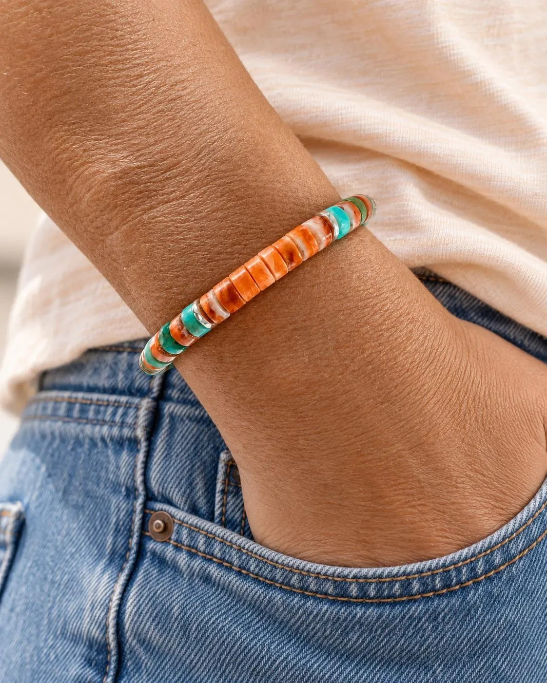 Kingman Turquoise Spiny Oyster Heishi Bracelet, 6mm Arizona Sunset Gemstone