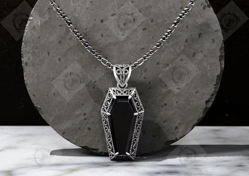 925 Sterling Silver Mens Black Onyx Coffin Gothic Birthday Anniversary Gift