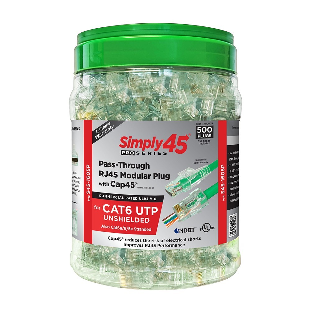 Simply45 ProSeries Cat6 PassThrough RJ45 Modular Plugs/Cap45 - 500PK - S45-1605P Simply45 ProSeries Cat6 PassThrough RJ45 Modular Plugs/Cap45 - 500PK - S45-1605P
