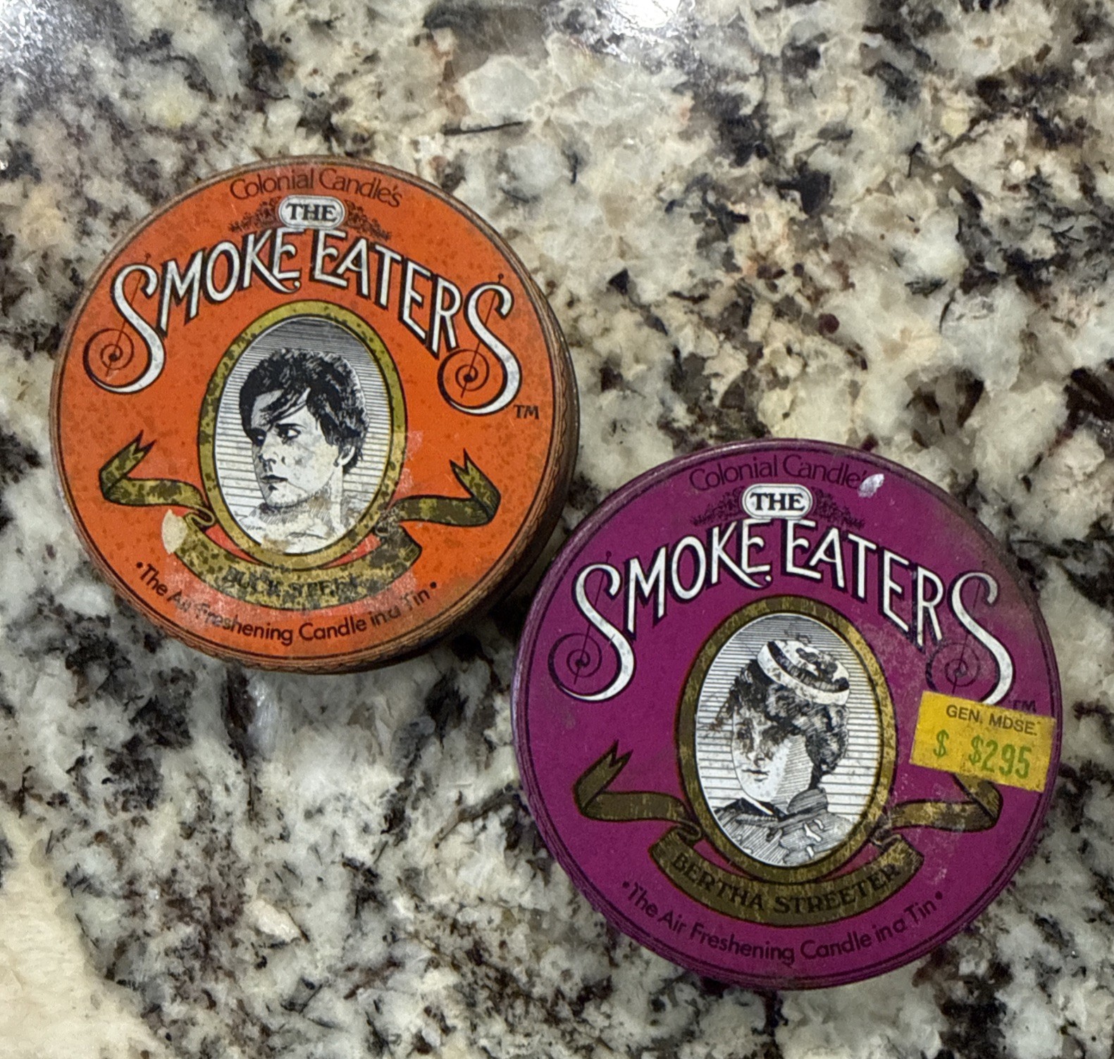 2-Vintage Colonial Candles “The Smoke Eaters” Air Freshener Tin Candles