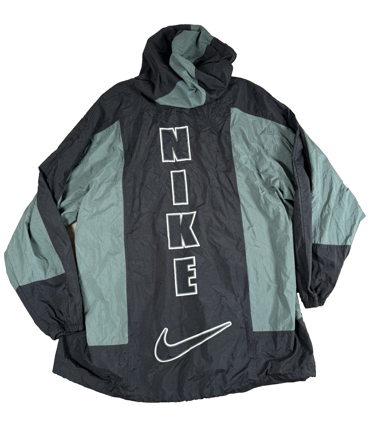 Nike Air Center Swoosh Vintage 90s Pullover Hood Jacket XL Black Green Spell Out