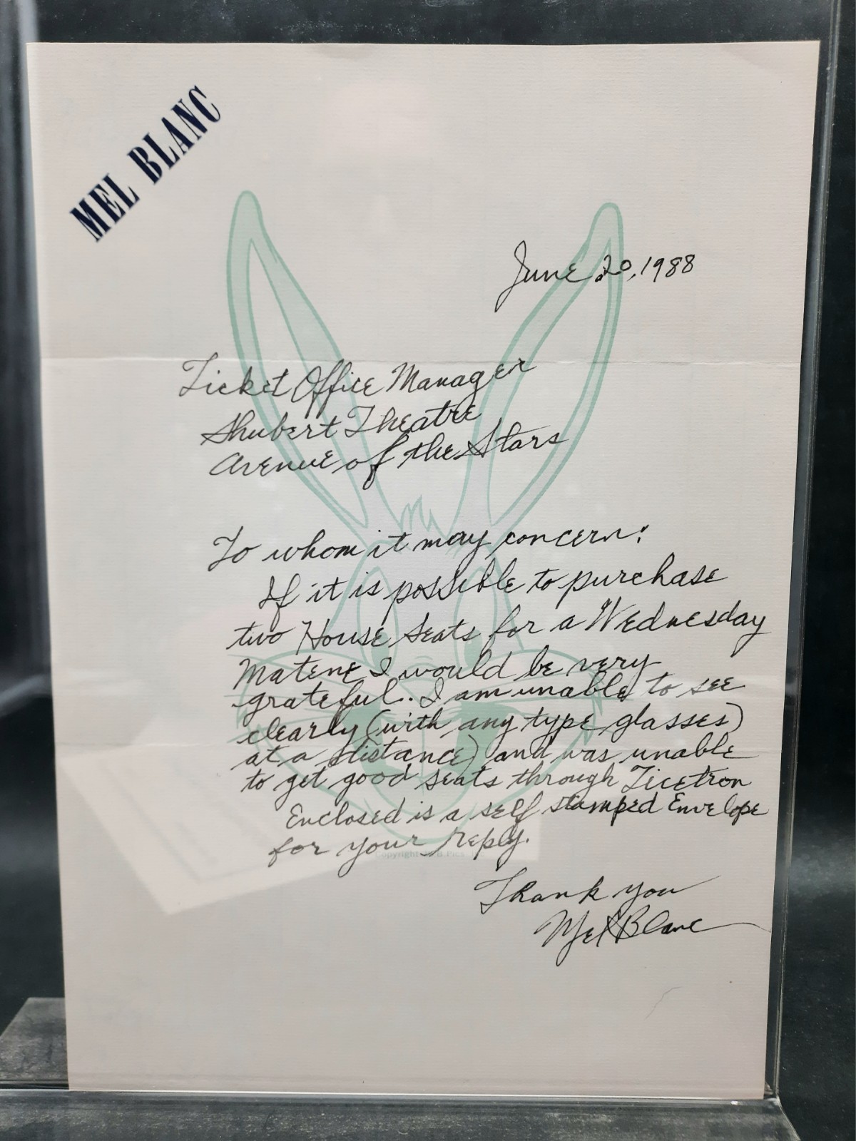 MEL BLANC Hand Written Signed Letter 1988 Bugs Bunny Autograph Shubert Theatre