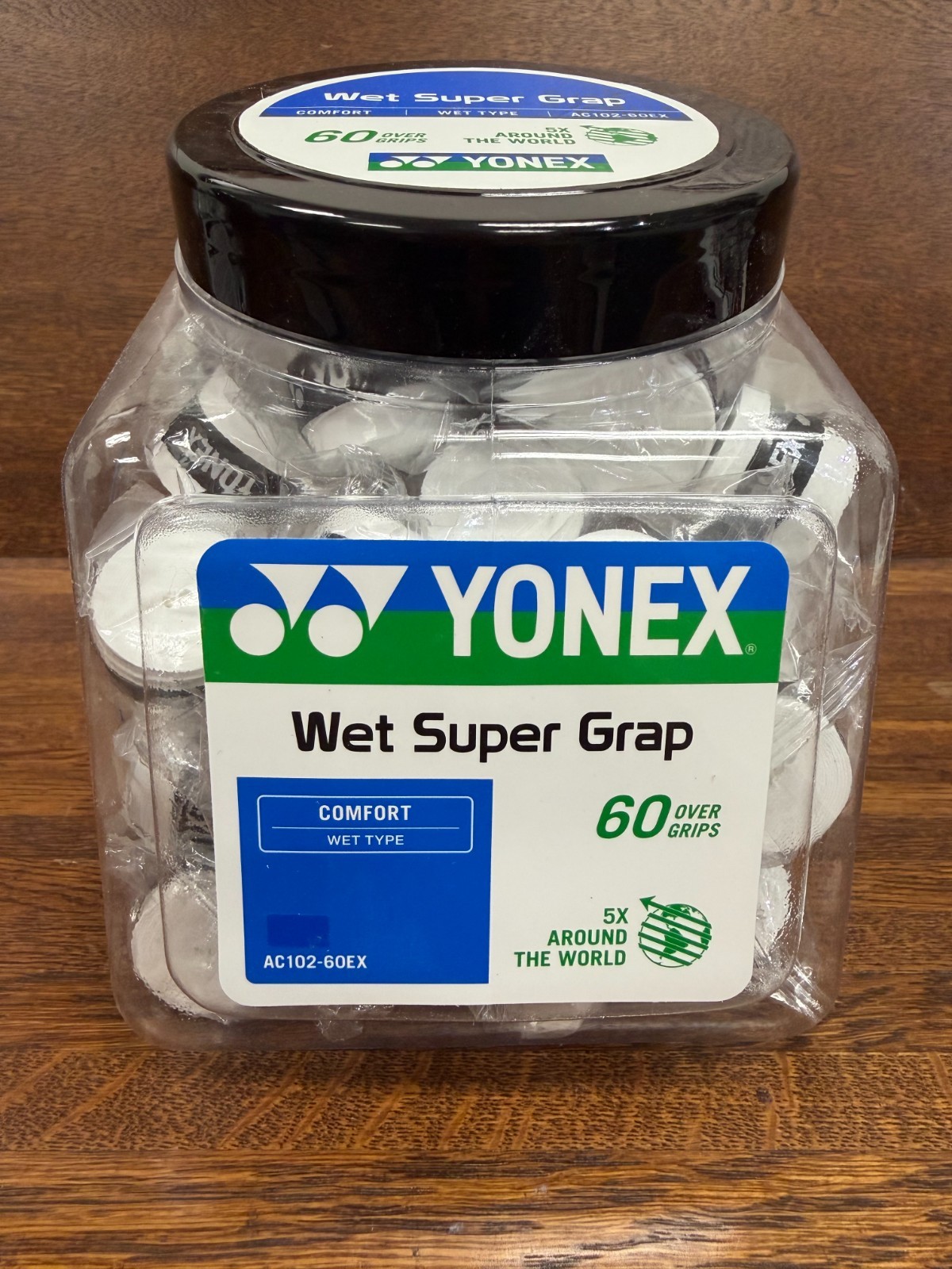Yonex Tennis Grips, Wet Super Grap grip tape, Tub of 60 white wrapped grips