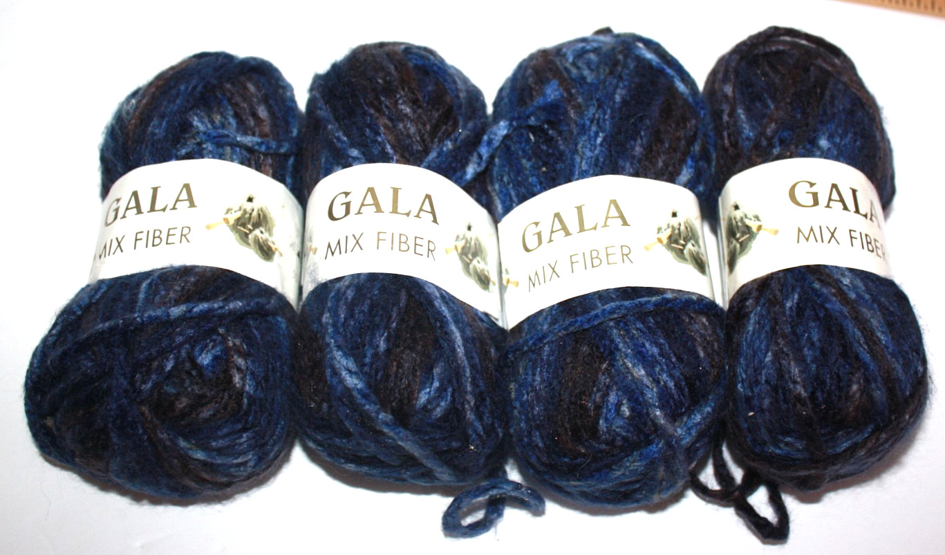 Gala Mixed Fiber Lot of 4 Skeins Yarn Blues Brown Black 50gm each NEW Gala Mixed Fiber Lot of 4 Skeins Yarn Blues Brown Black 50gm each NEW