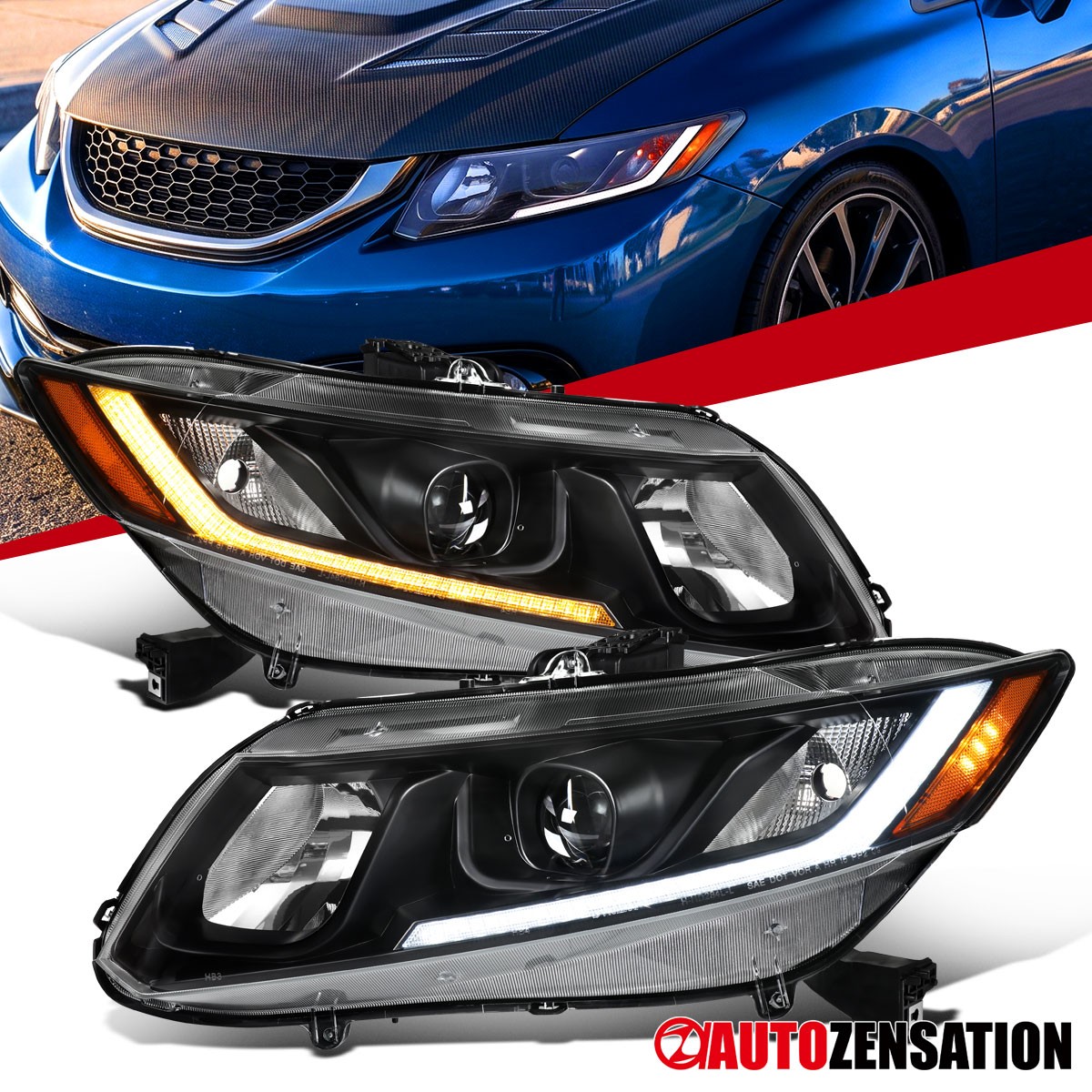 Fit 2012-2015 Honda Civic Sedan 12-13 Coupe LED Bar Projector Headlights Black Fit 2012-2015 Honda Civic Sedan 12-13 Coupe LED Bar Projector Headlights Black