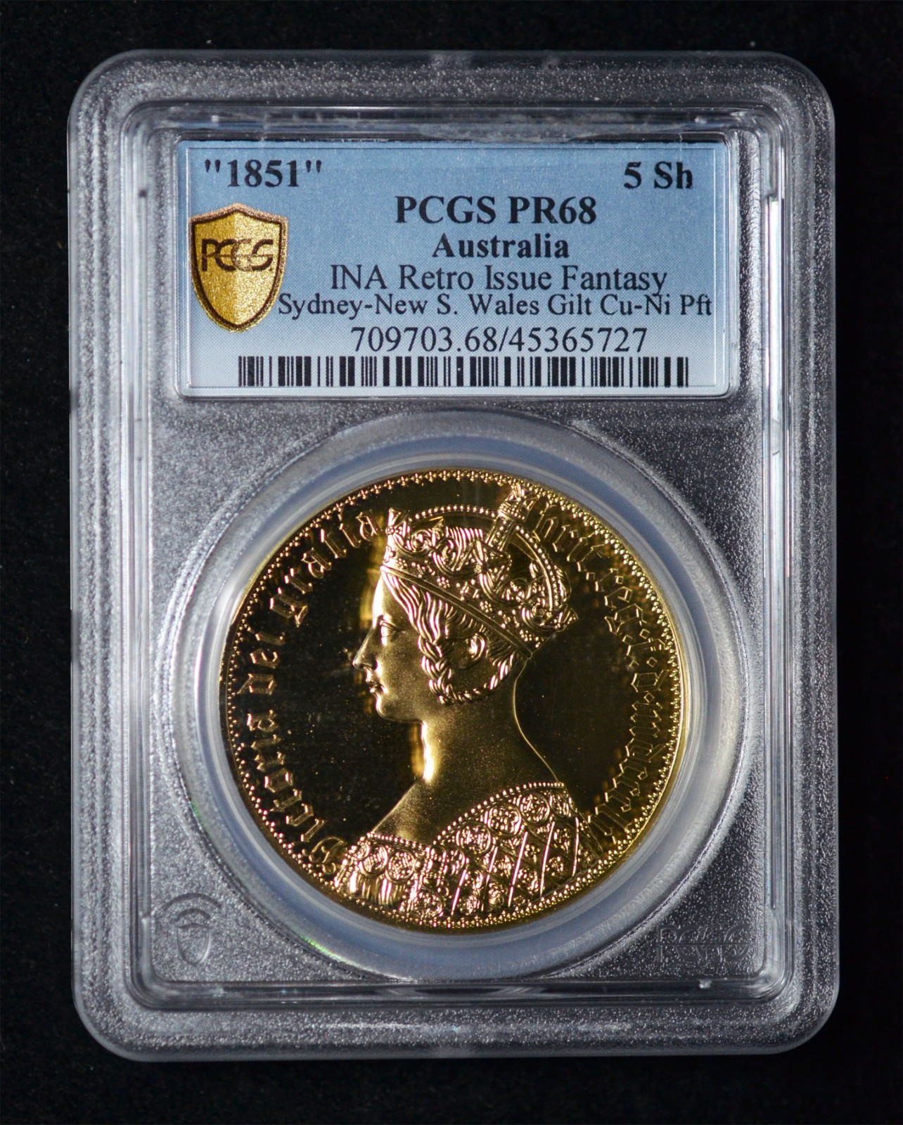 PCGS PR68 1851 Australia Queen Victoria Sydney NSW Gilt 5 Shillings