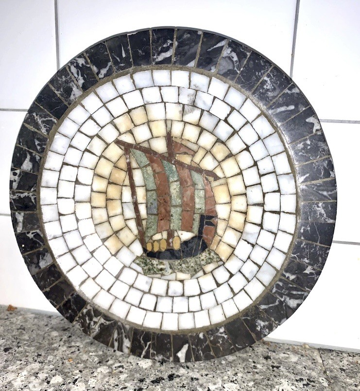 Antique Mid Century Stone Mosaic 8” Sailing Bowl Handmade by Heide in Denmark 