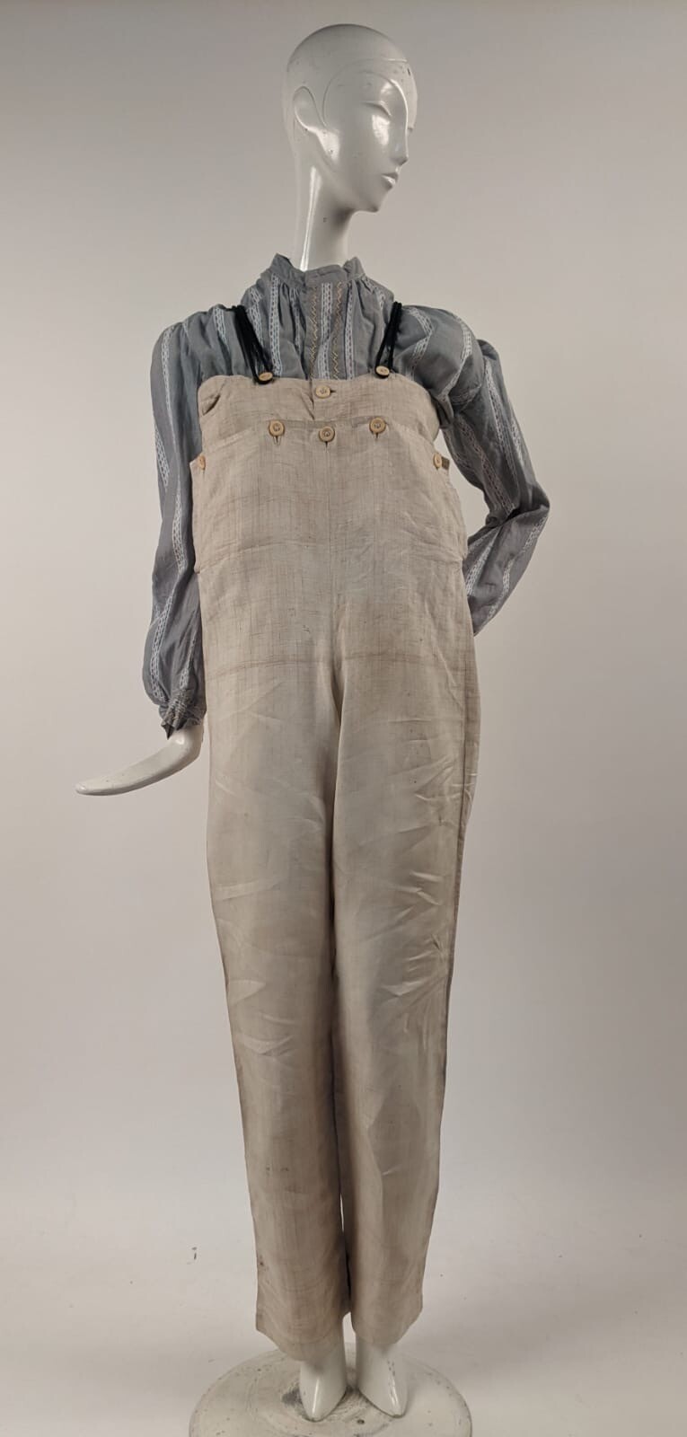 RARE REGENCY 1810 1820 MEN’S BROAD FALL FRONT HAND SEWN LINEN OVERALLS WORKWEAR