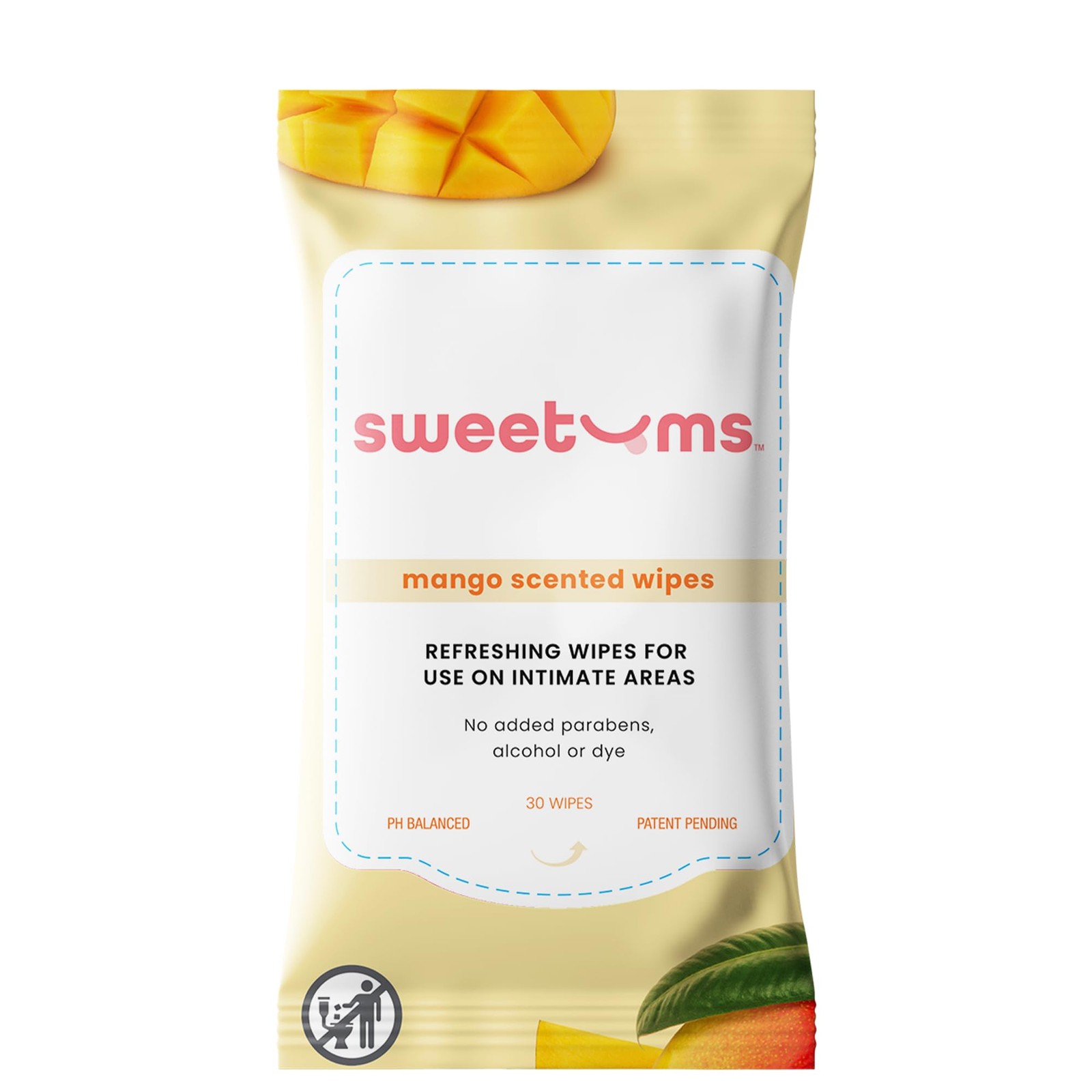 Sweetums Feminine Wipes for Women, Mango Scented 30 Count (Pack of 1), Yellow
