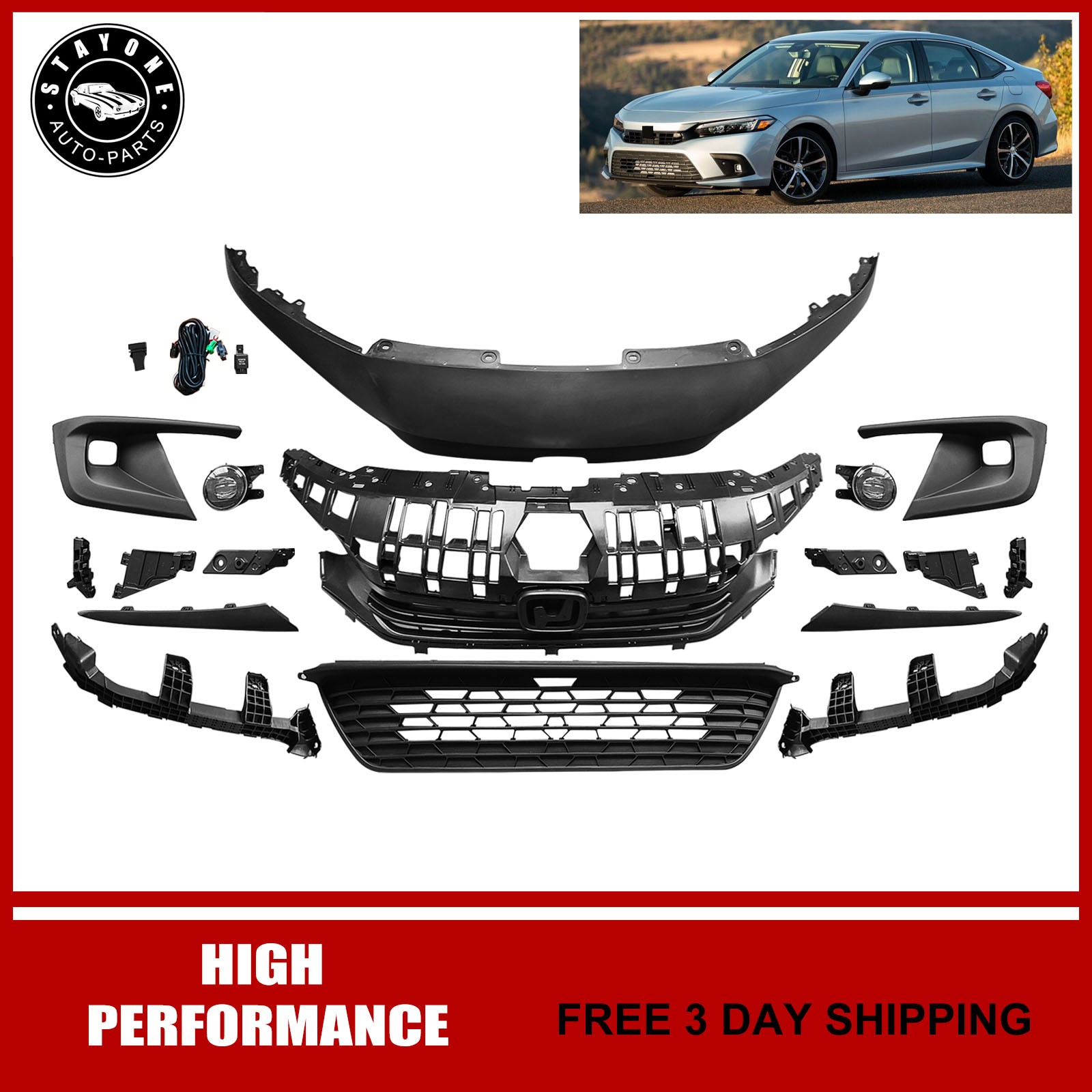 Fits 2022-2024 Honda Civic Front Upper & Lower Grille Kit W/ Fog Light & Bracket Fits 2022-2024 Honda Civic Front Upper & Lower Grille Kit W/ Fog Light & Bracket