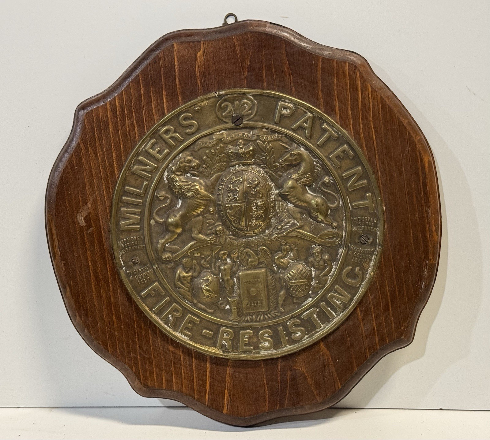 Antique Victorian Brass MILNERS Safe Fire Plaque Fire-Resisting Sign England Antique Victorian Brass MILNERS Safe Fire Plaque Fire-Resisting Sign England