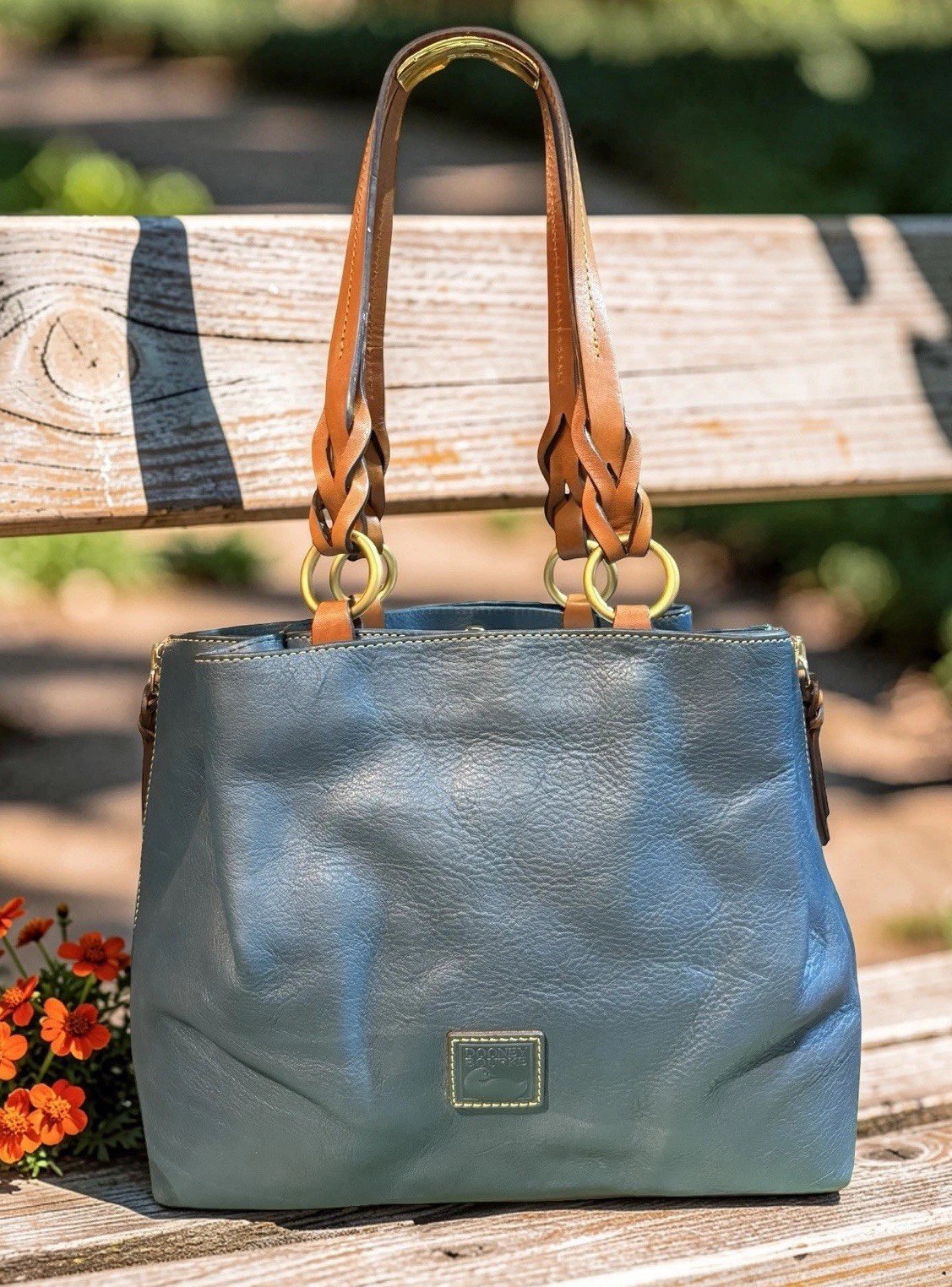Dooney Bourke Denim Blue Side Zip Barlow Florentine Leather Large Tote Bag Purse