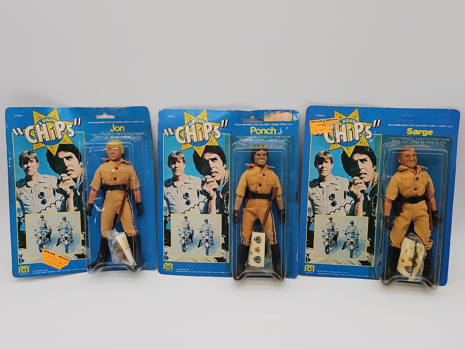 1977 Mego CHiPs 8” Figures Jon Ponch Sarge Carded Lot of 3 SEALED NOS