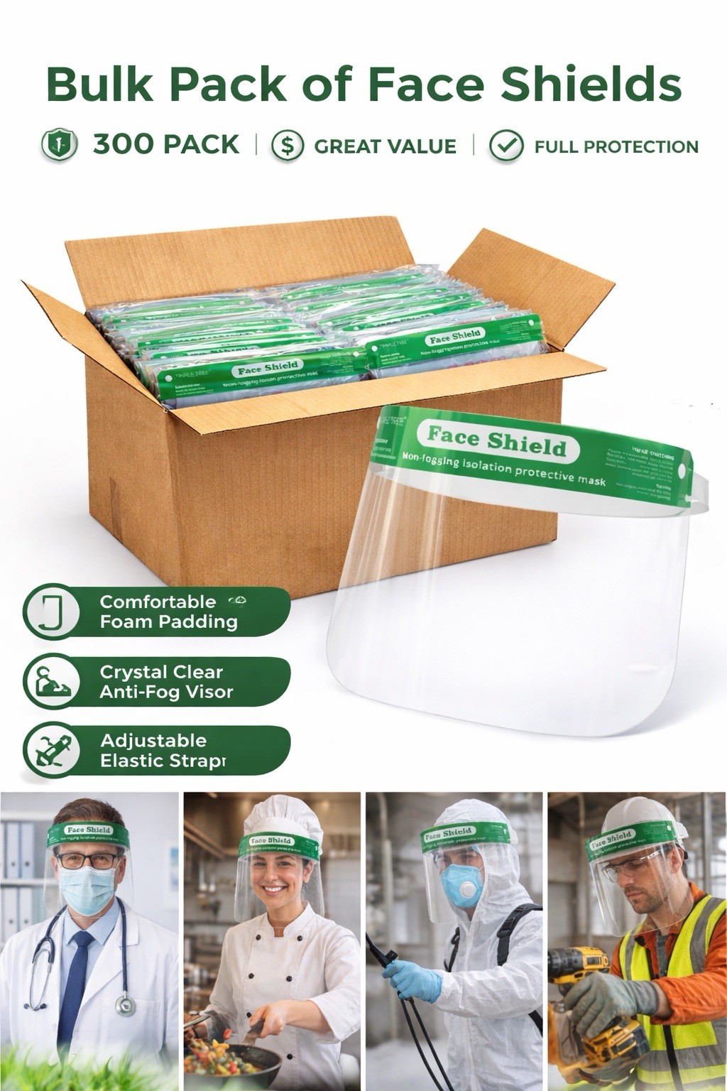 300 Pack Clear Face Shields Anti-Fog Full Face Protection Bulk PPE Safety Mask