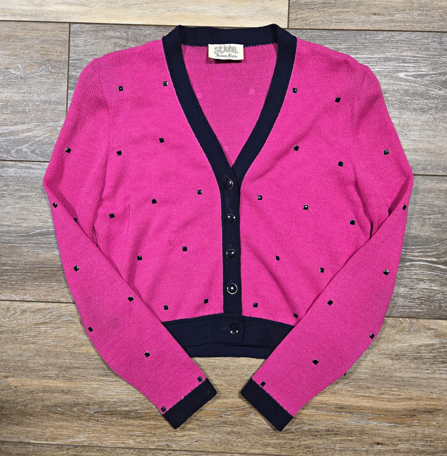 Vintage St. John for Neiman Marcus Pink Knit Cardigan with Black Embellishments