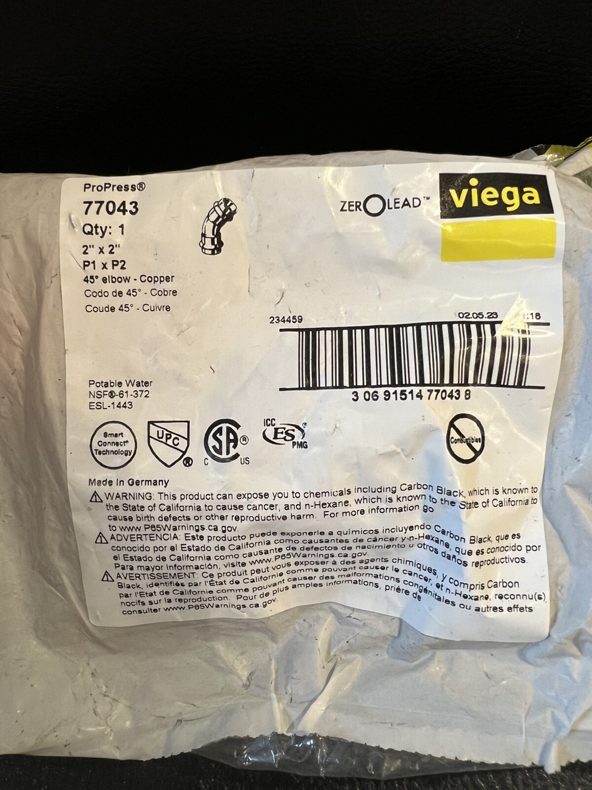 Viega 77043 Propress Copper 45 Degree Elbow Fitting, 2 Viega 77043 Propress Copper 45 Degree Elbow Fitting, 2