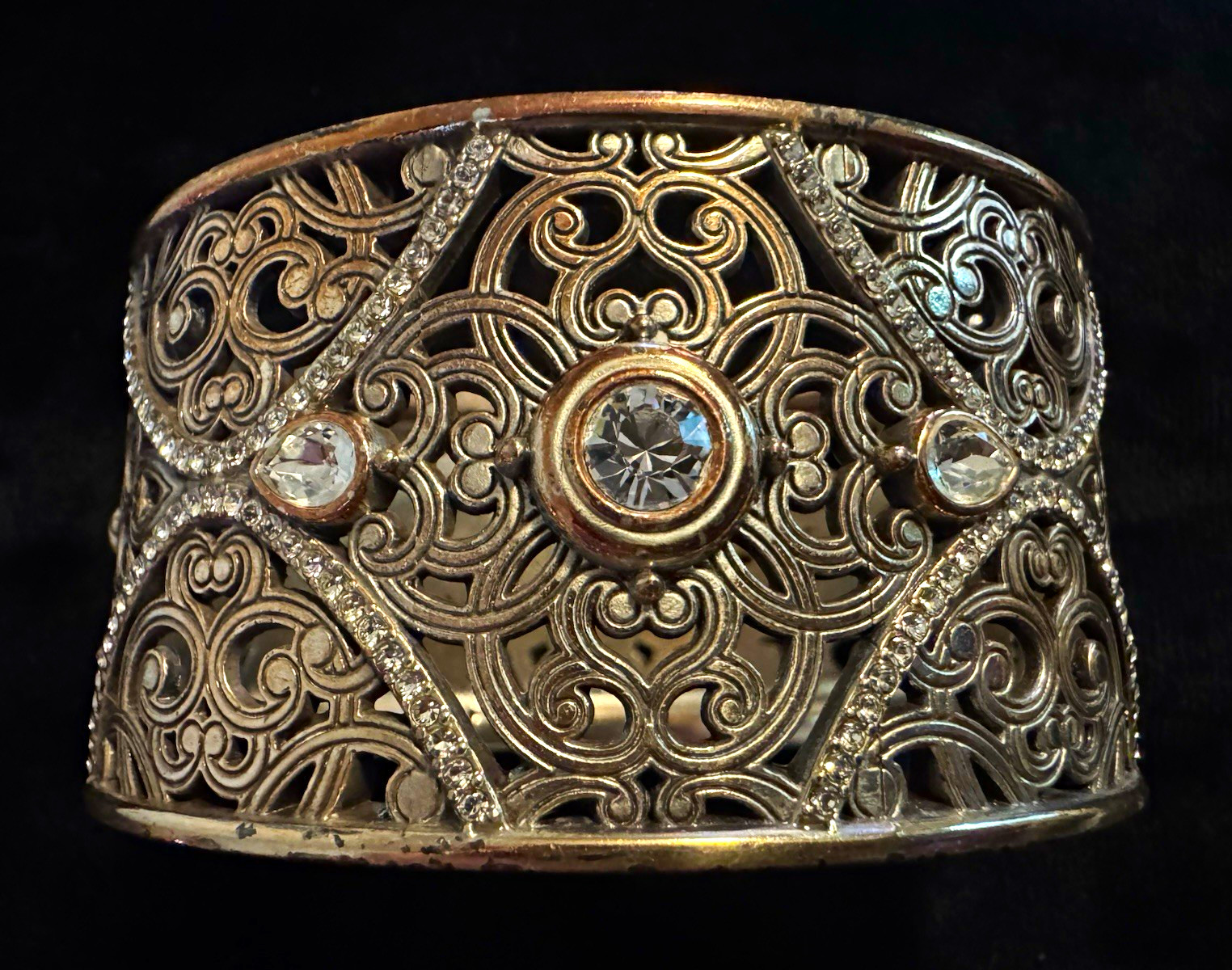 Vintage Brighton Filigree Hinged Cuff Bracelet, Round Clear Crystal Bezel