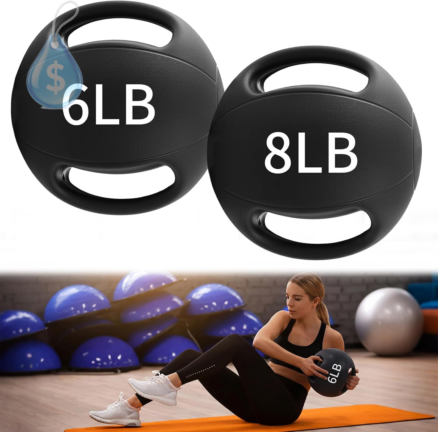 2 Pcs Medicine Ball with Dual Grip -6 Lb & 8 Lb