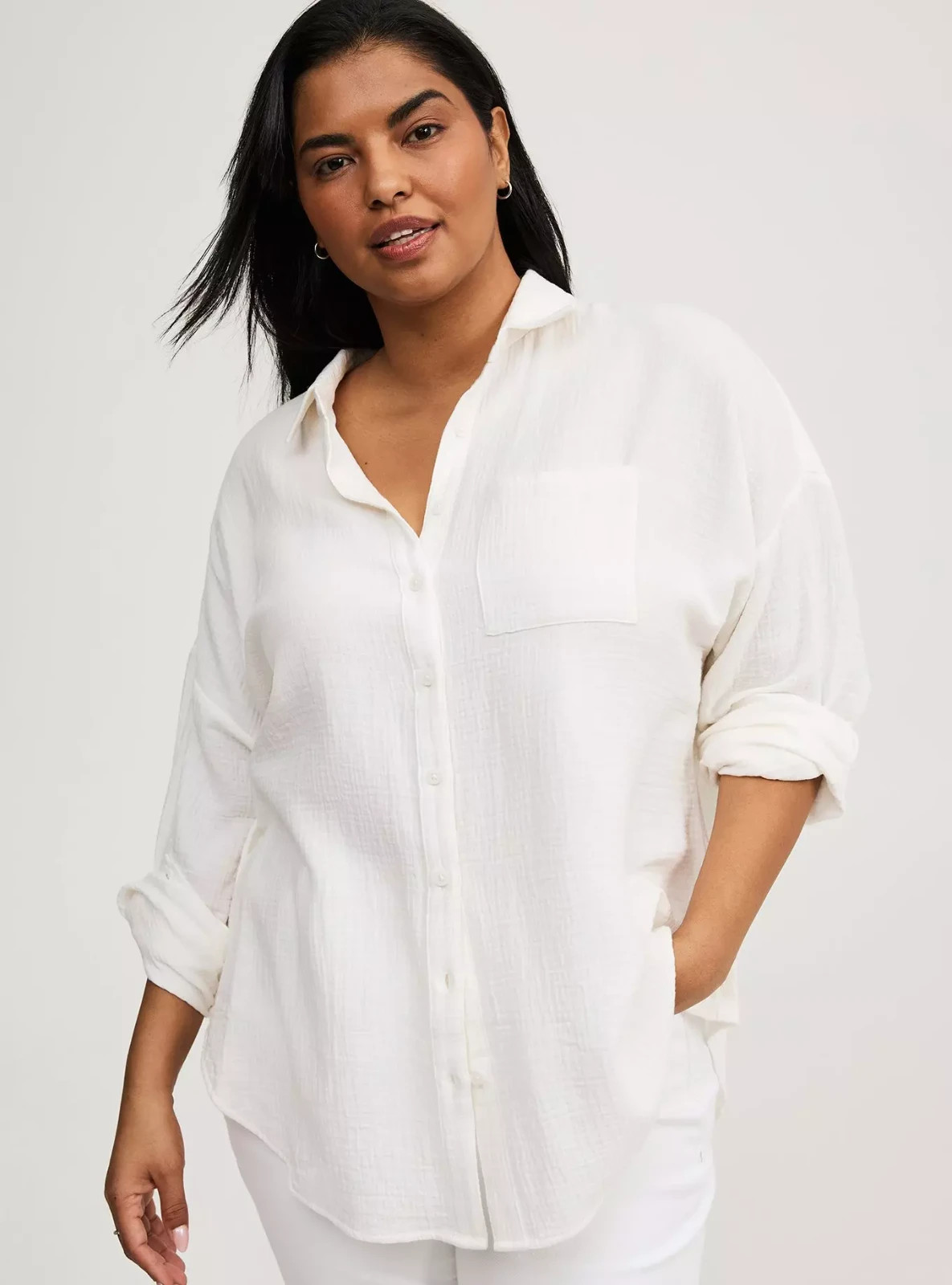 Torrid Plus 2X Cotton Gauze Relaxed Shirt Drop Shoulder Long Sleeve White NWT Torrid Plus 2X Cotton Gauze Relaxed Shirt Drop Shoulder Long Sleeve White NWT