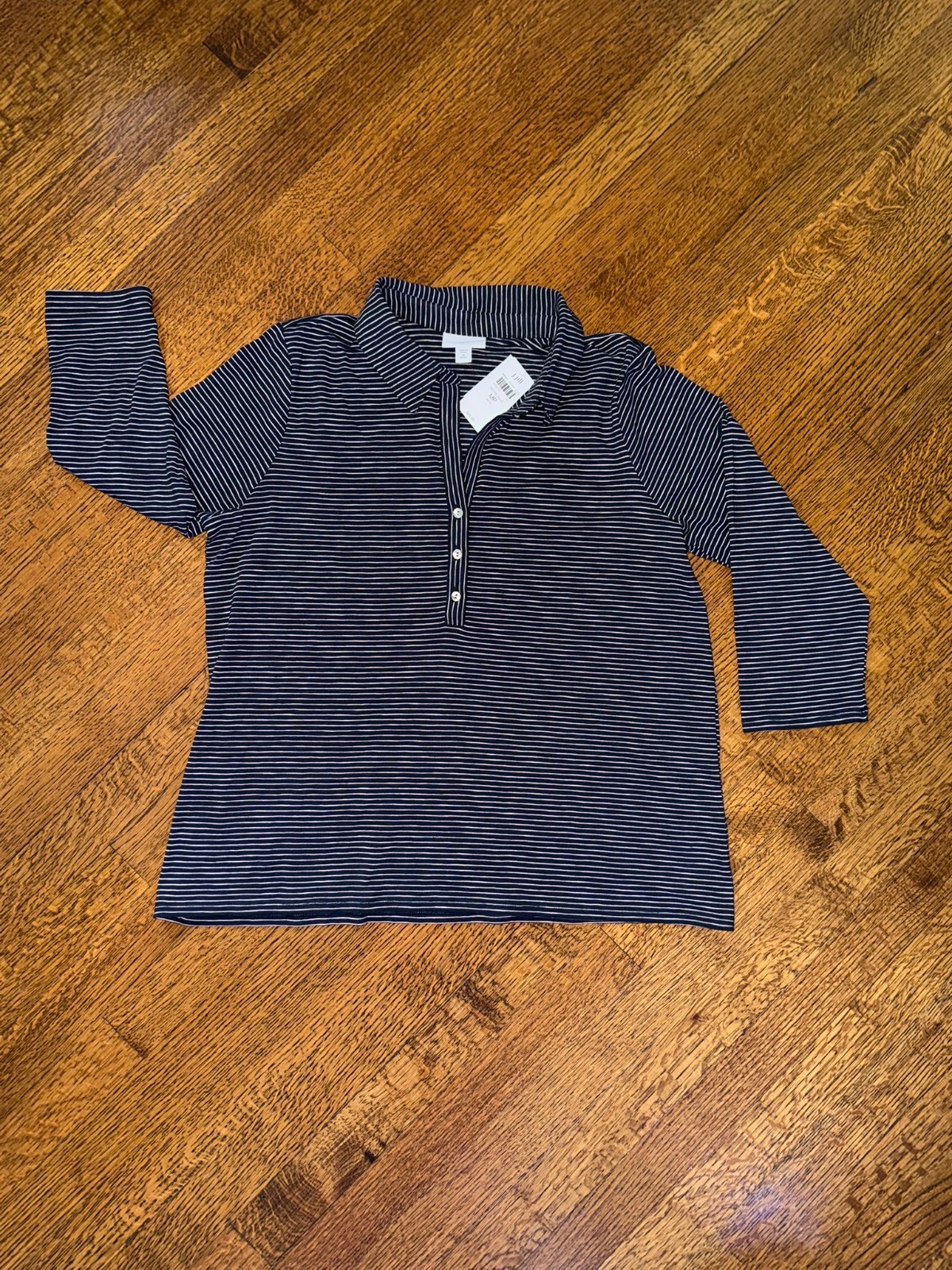 NWT J. Jill Striped Henley Polo Knit Shirt - Navy - Medium Petite