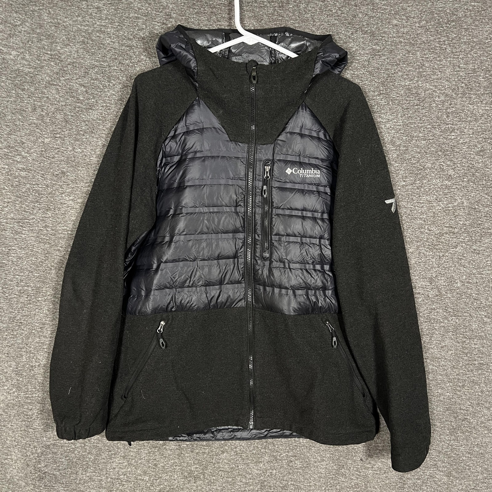 Columbia Titanium Jacket Mens M Black Down Fleece Hooded Full Zip Hybrid