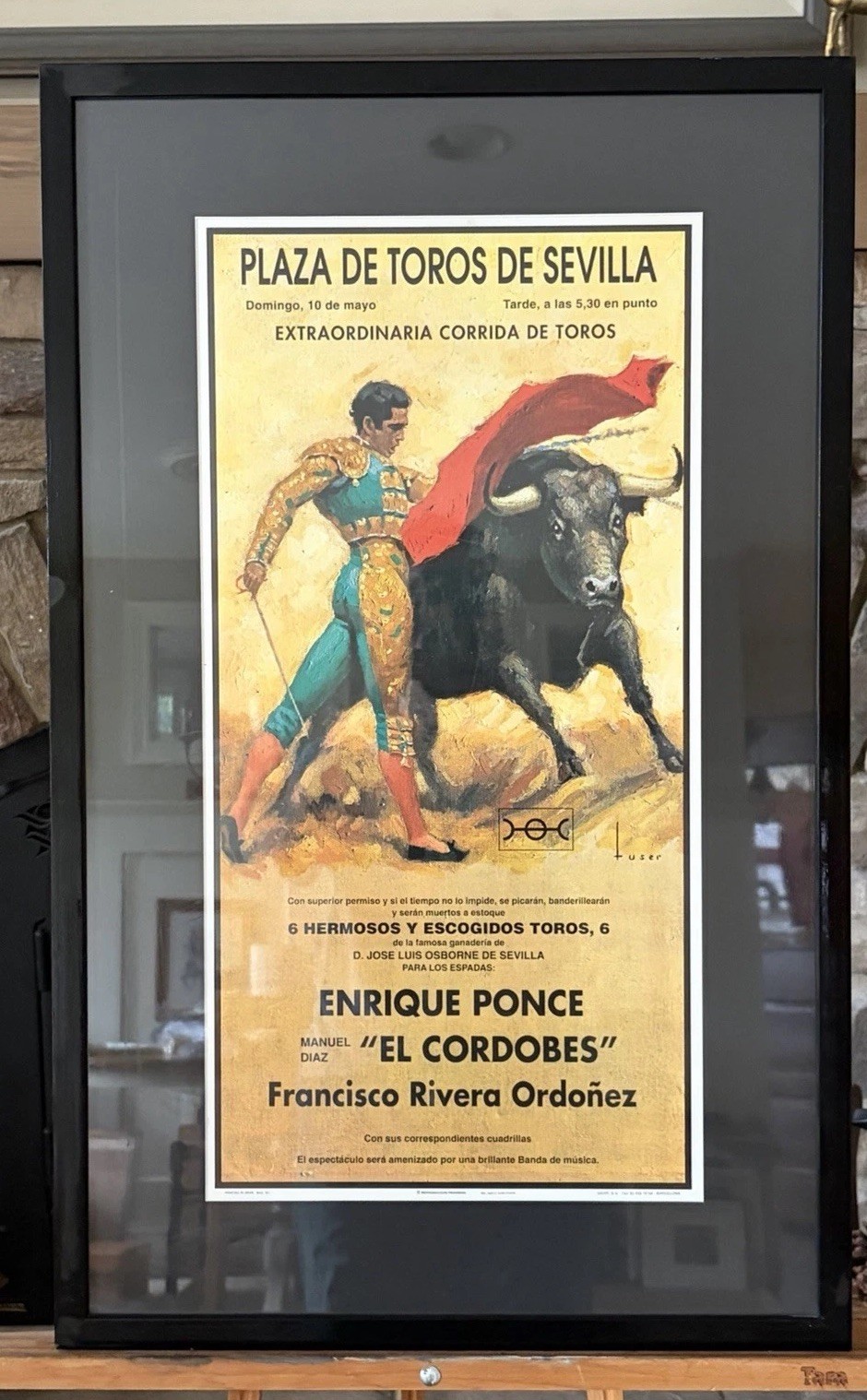 Vintage Spanish Bullfight Framed Poster Sevilla Plaza de Toros El Cordobes 18x30
