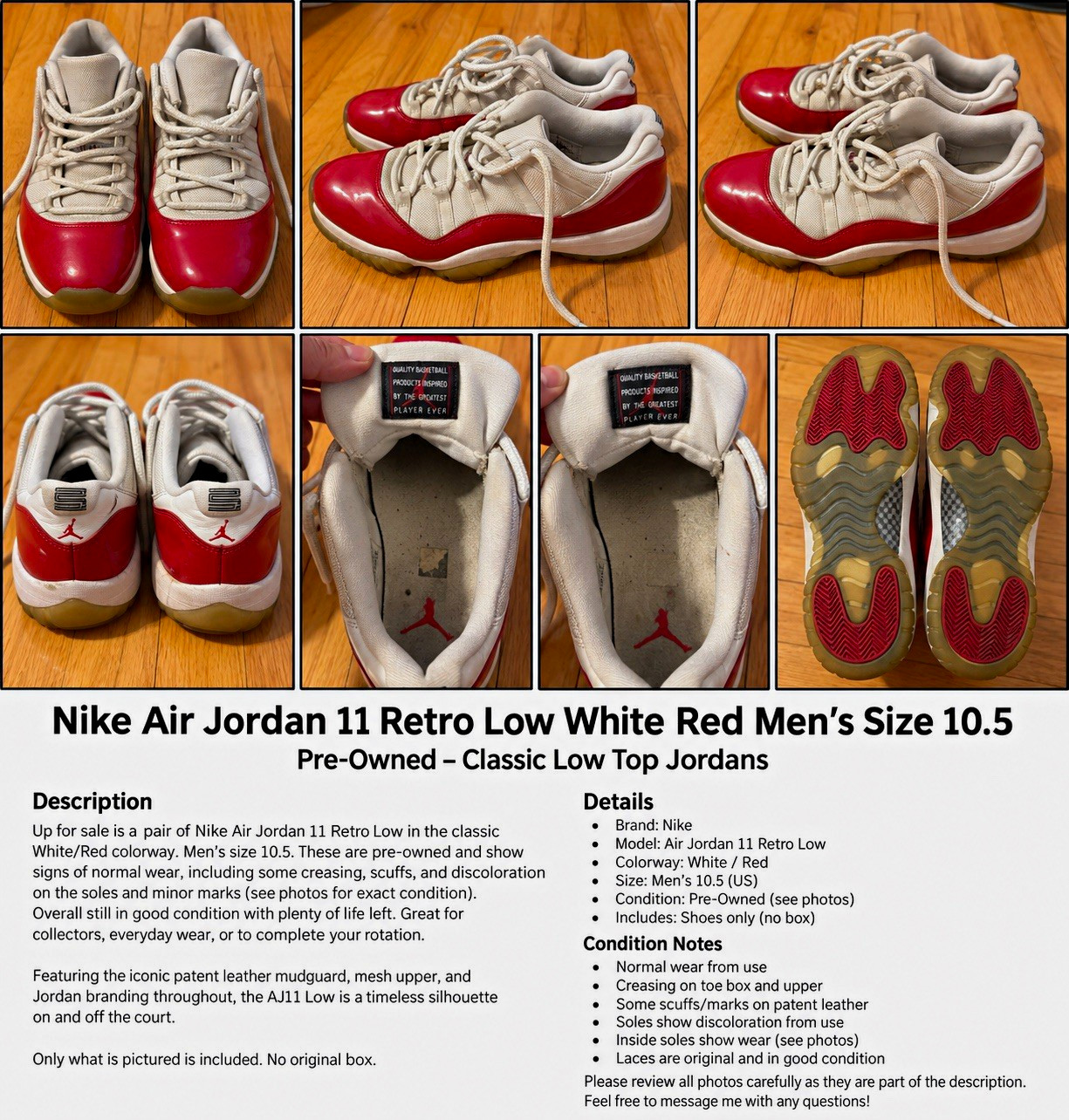 Nike Air Jordan 11 Retro Low Men’s Low Top Lace-Up Basketball Sneaker White/Red Nike Air Jordan 11 Retro Low Men’s Low Top Lace-Up Basketball Sneaker White/Red