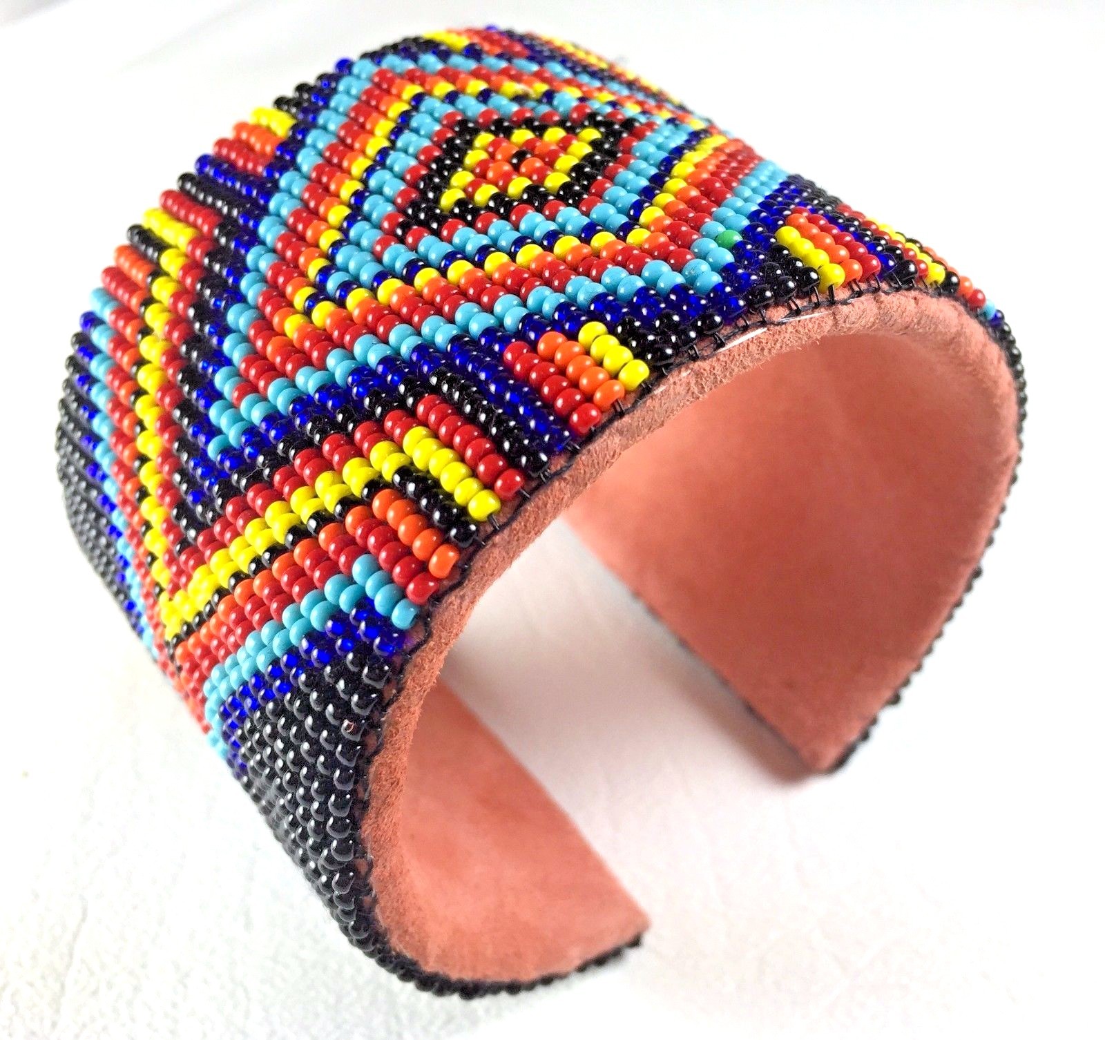 HANDMADE NATIVE STYLE LEATHER BEADED UNISEX BLACK CUFF BRACELET LEATHER USA