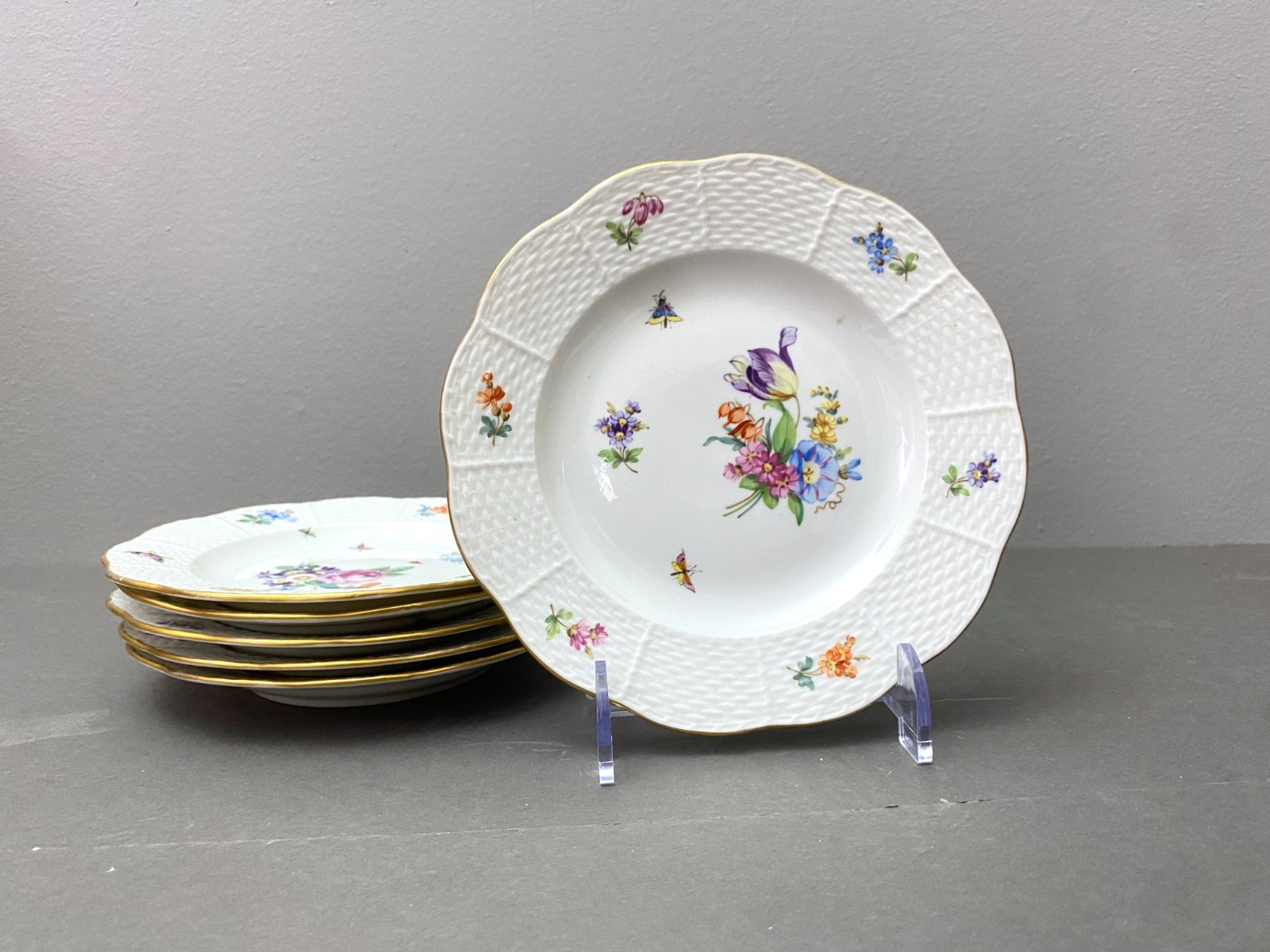 Herend ca. 1910s Bouquet of Flowers side plates, gold rim, 7.25 inches, set 6