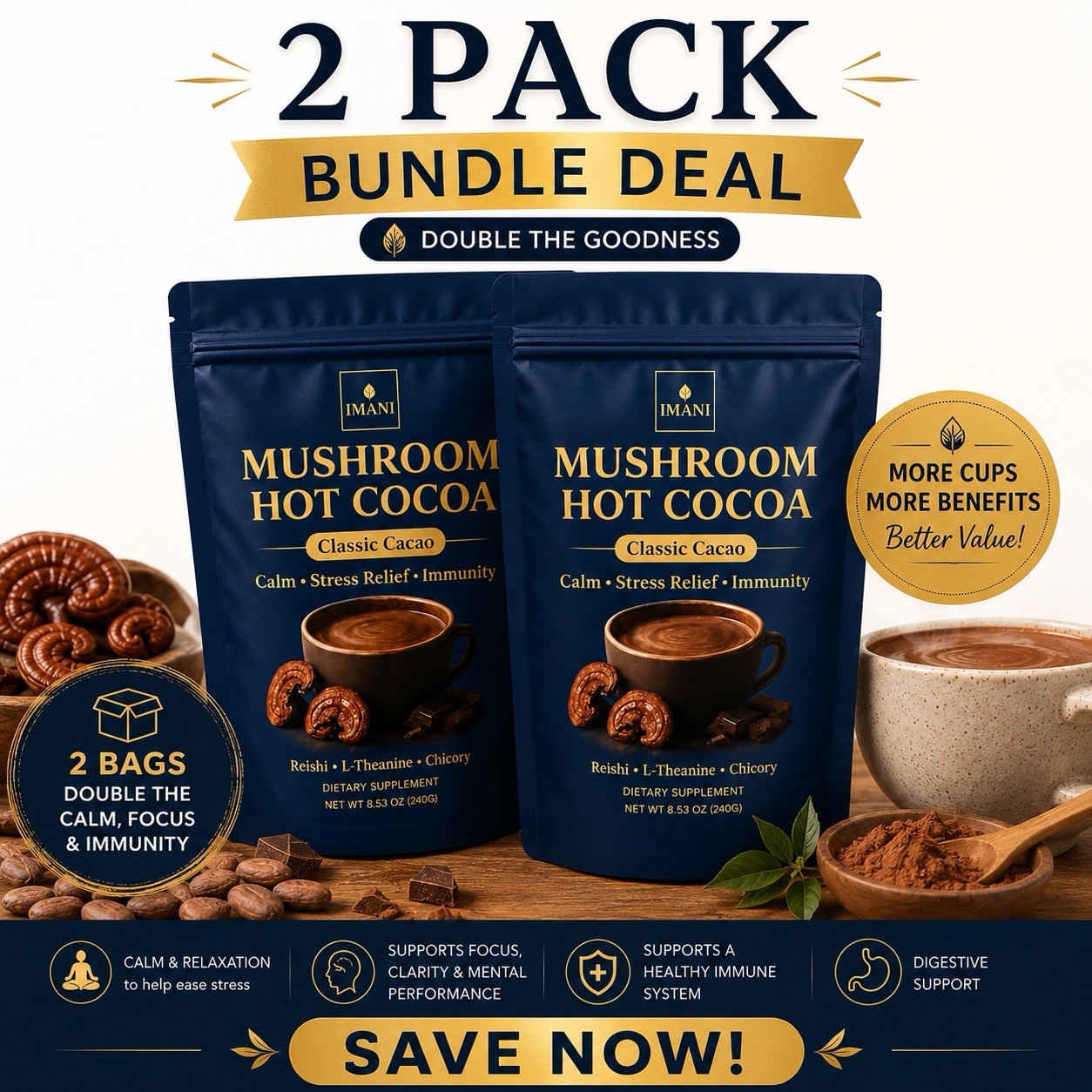 2-PACK IMANI Mushroom Hot Cocoa Mix – Reishi & L-Theanine Blend 180G