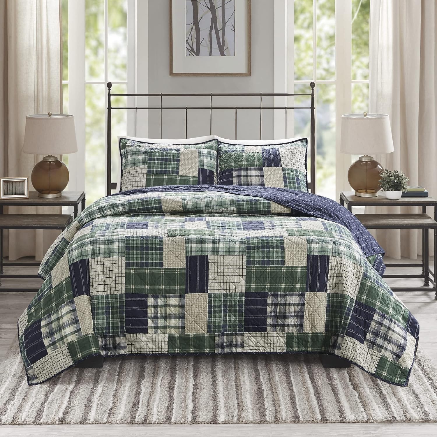 King Quilt Set Rustic Cabin Green Blue Lodge Farmhouse Country Coverlet 3 Piece